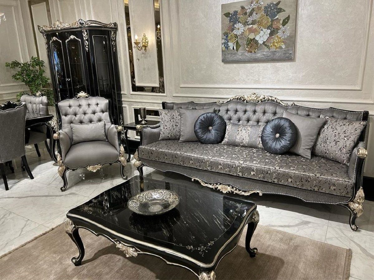 Casa Padrino Couchtisch Luxus Möbel Handgefertigter Couchtisch - / - Silber Barock Massivholz Wohnzimmertisch Barock Barockstil im Edle Schwarz