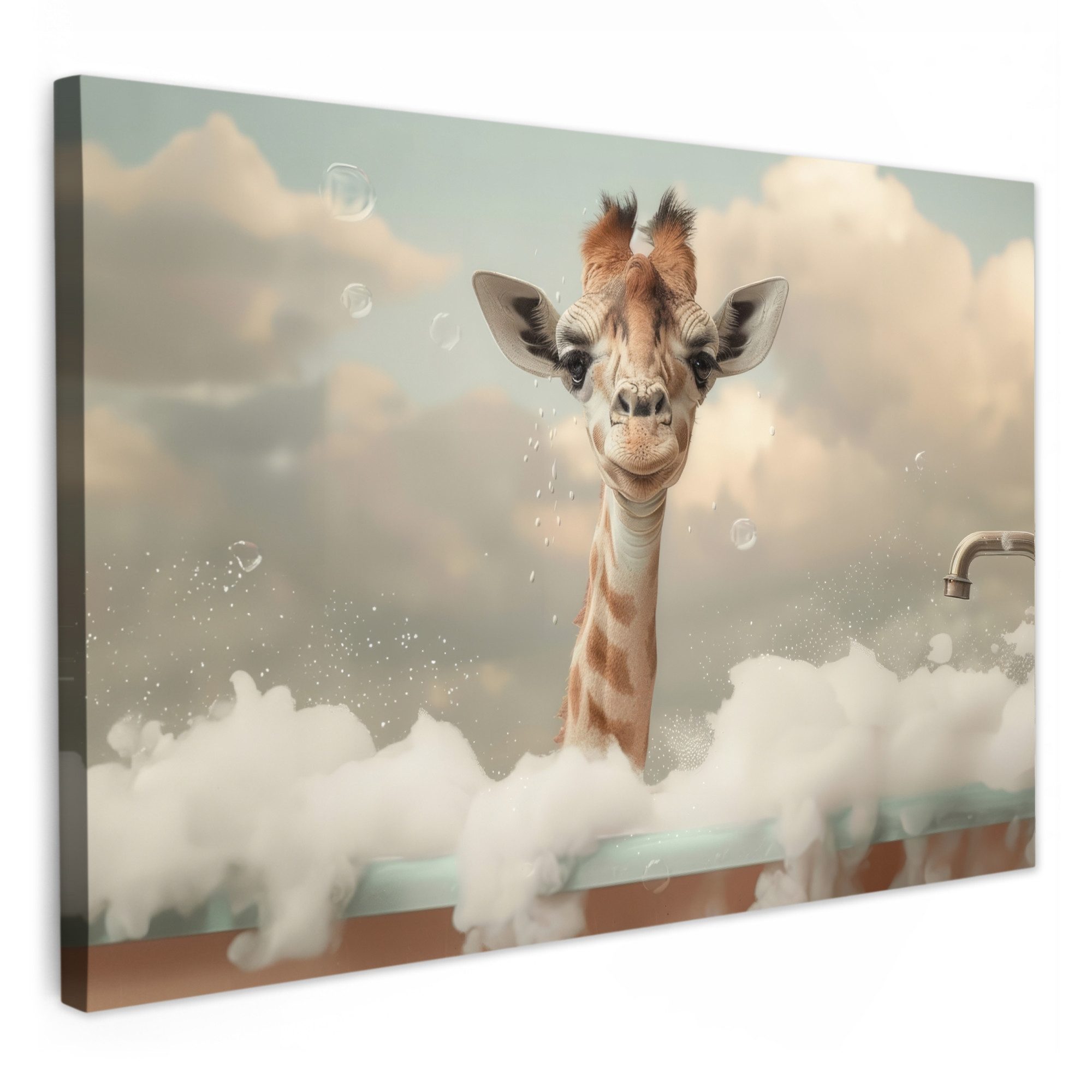 OneMillionCanvasses® Leinwandbild Giraffe - Tiere - Bad - Schaumstoff, Fotodruck (1 St), Bilder für Badezimmer, Bad und Toiletten Deko, Bild WC 30x20 cm