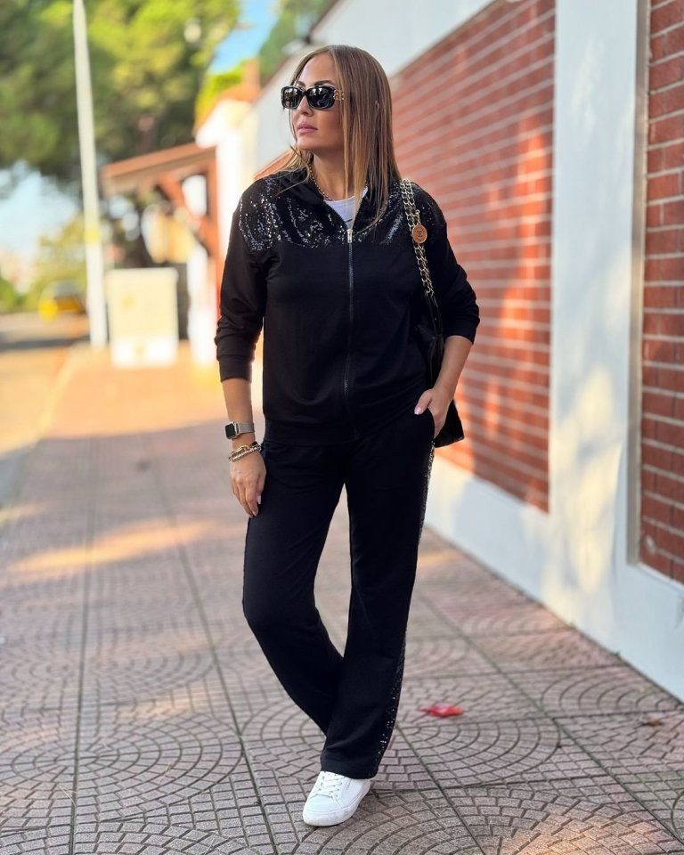 Moda Yakamoz Hosenanzug Damen Zweifadenstoff-Set mit Reißverschluss und Knopfdetail