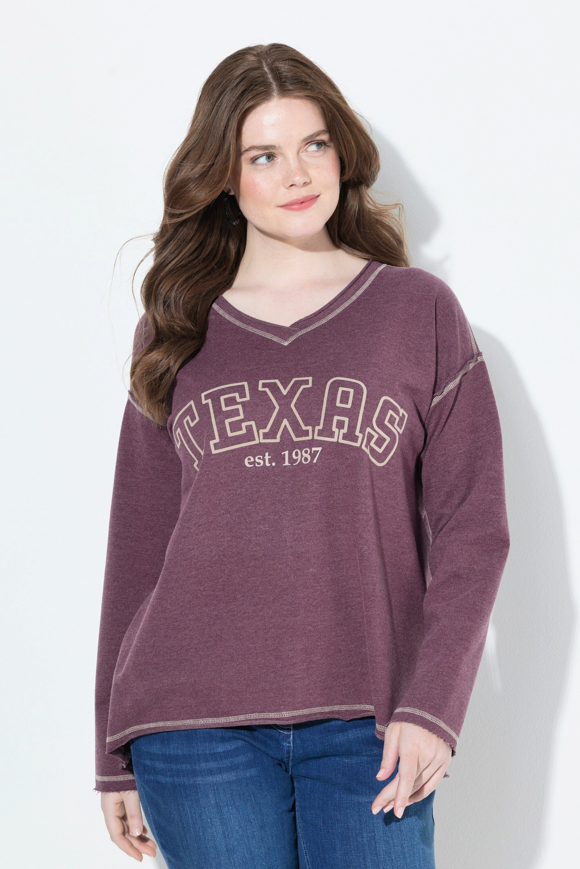Ulla Popken Sweatshirt Sweatshirt Texas V-Ausschnitt Langarm Rollkanten günstig online kaufen