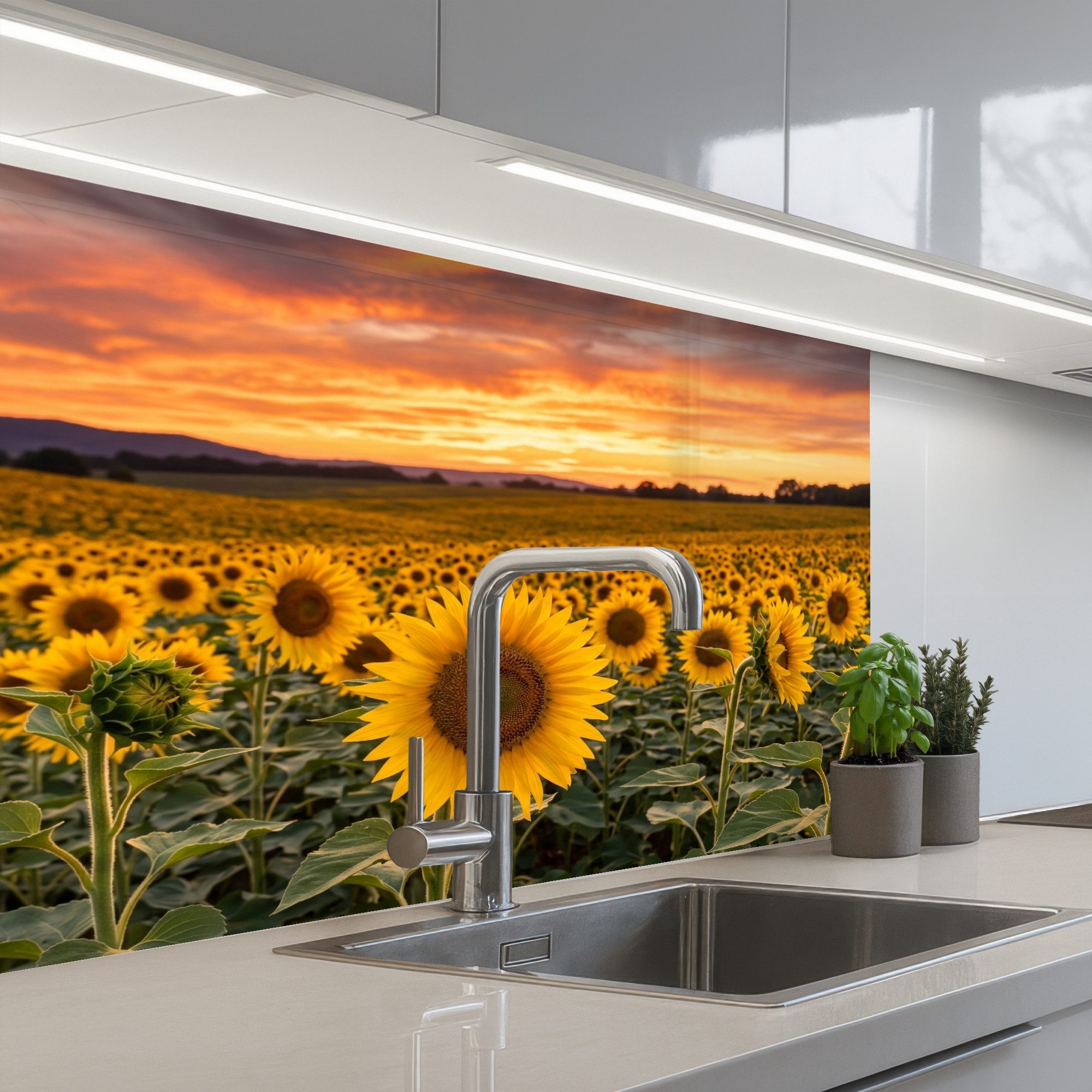 KitchenYeah Küchenrückwand selbstklebend (keine Folie) Sonnenblumen - Hügellandschaft - Gelb, (1-tlg), Spritzschutz, Küche, Rückwand, Küchenwand, Küchenfront, 80x60 cm