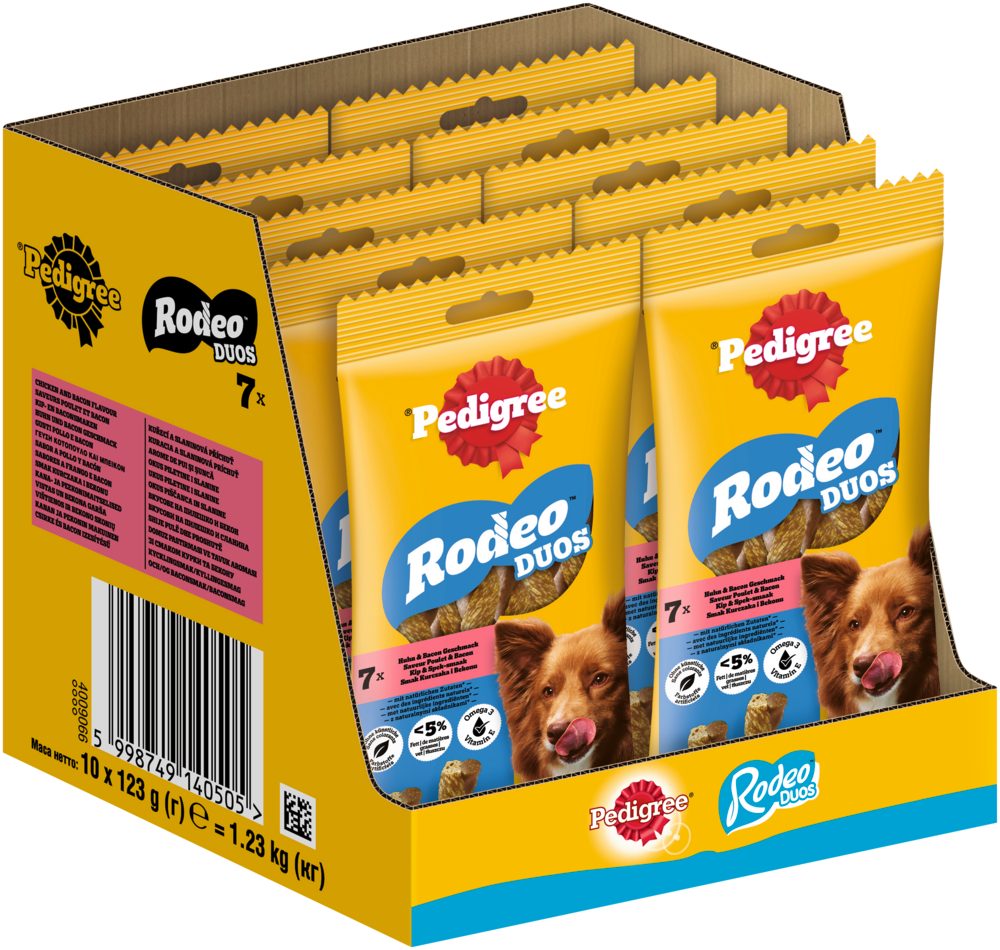 Pedigree PEDIGREE® RODEO™ Duos Beutel mit Huhn und Bacon Geschmack 10 x 7 Stück, Snack für: Hunde