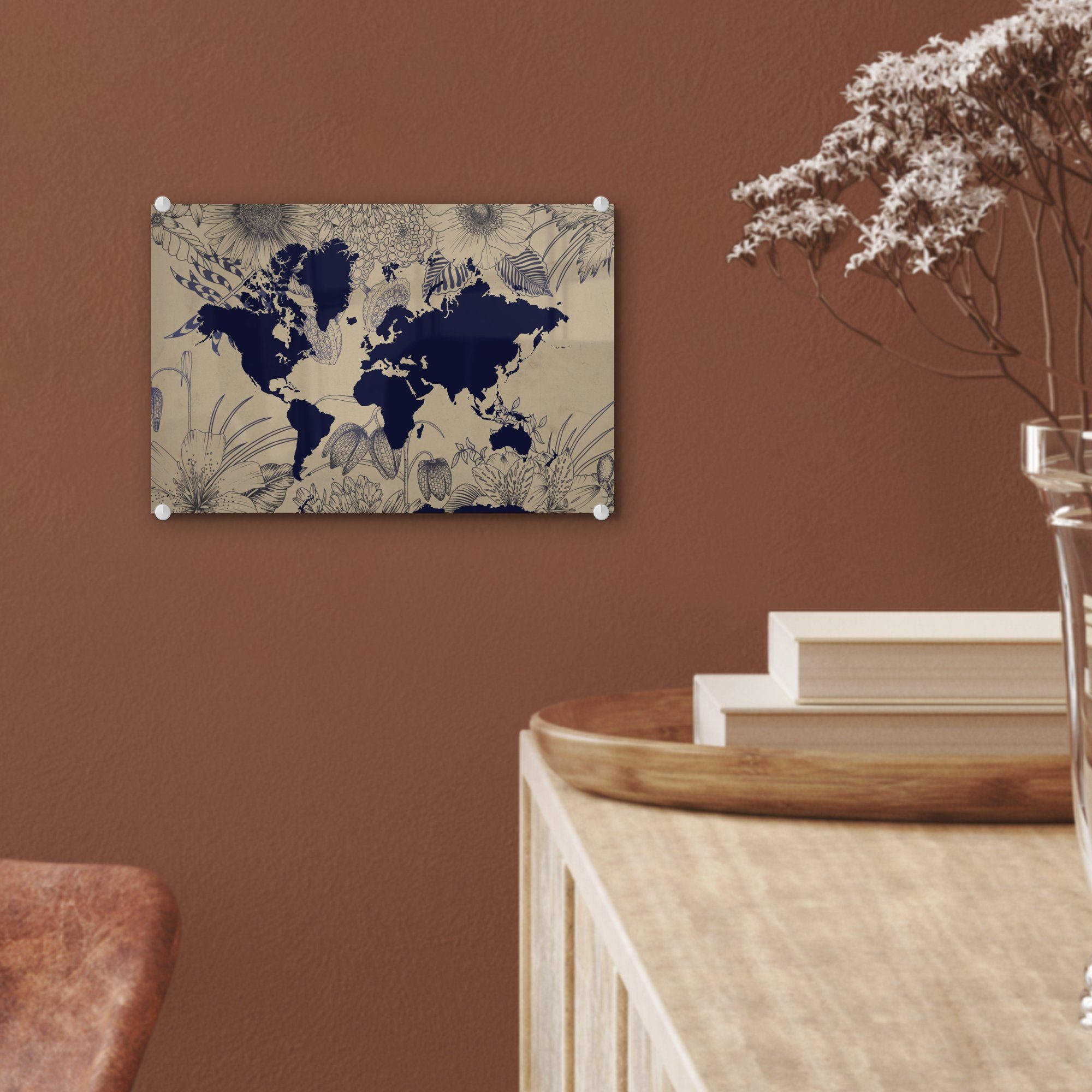 Weltkarte Blumen Bilder Wandbild Wanddekoration - - MuchoWow Blau, - Glas Glasbilder Glas St), - auf Acrylglasbild Foto auf - (1