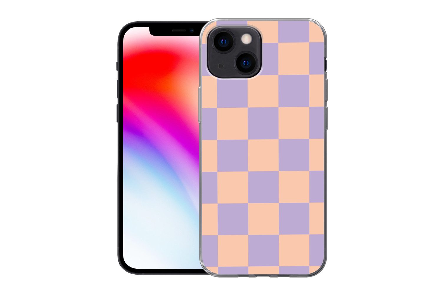 MuchoWow Handyhülle für Apple iPhone 13 mini Schachbrettmuster - Lila - Rosa - Würfel, Smartphone-Bumper, Print, Handy Schutzhülle Dünn