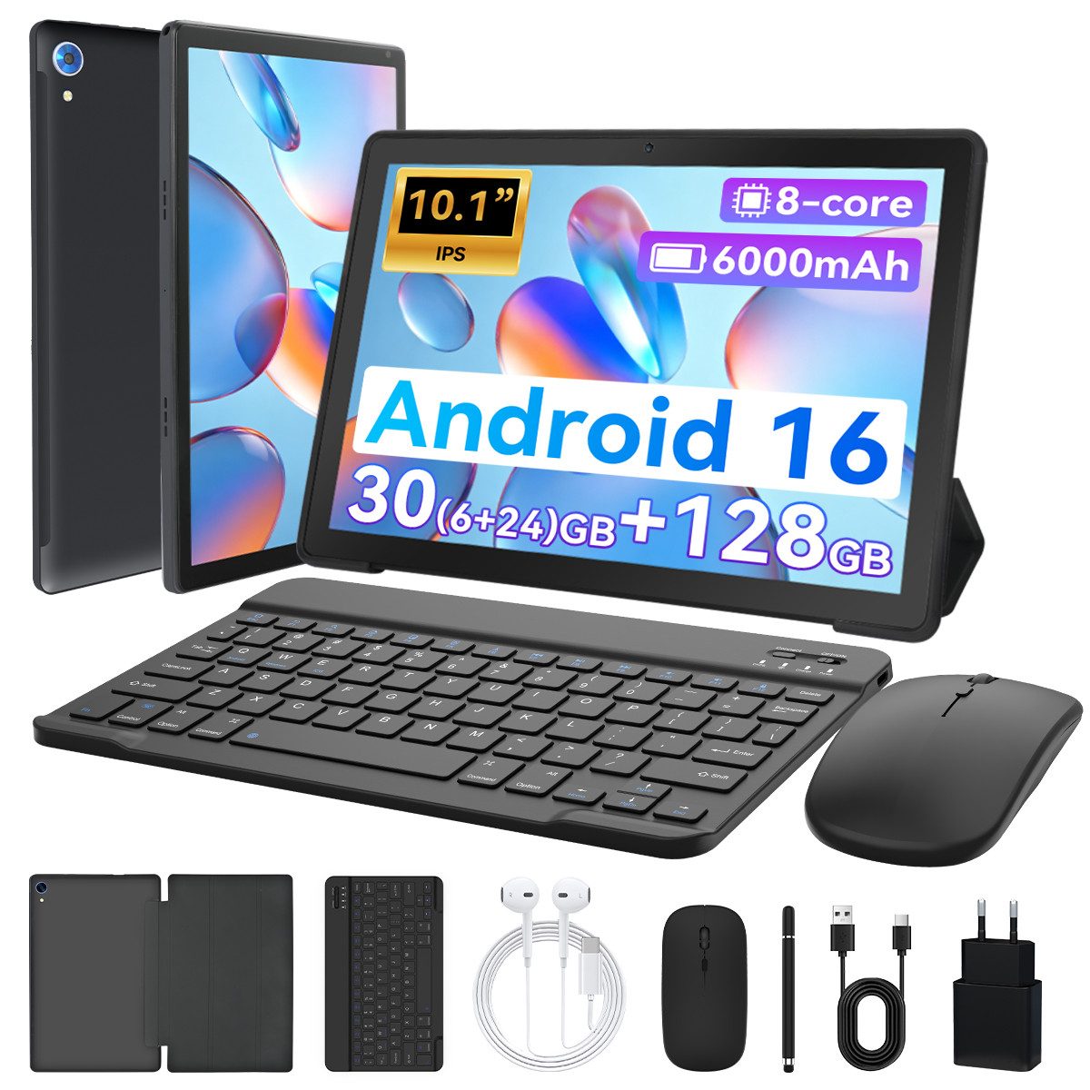 Happybe 10,1 Zoll Android, 128GB mit Tastatur Maus Stylus Hülle Set Tablet (10", 128 GB, Android, WiFi 6, 30(6+24)GB RAM, 6000mAh, WiFi 6, Android 16)