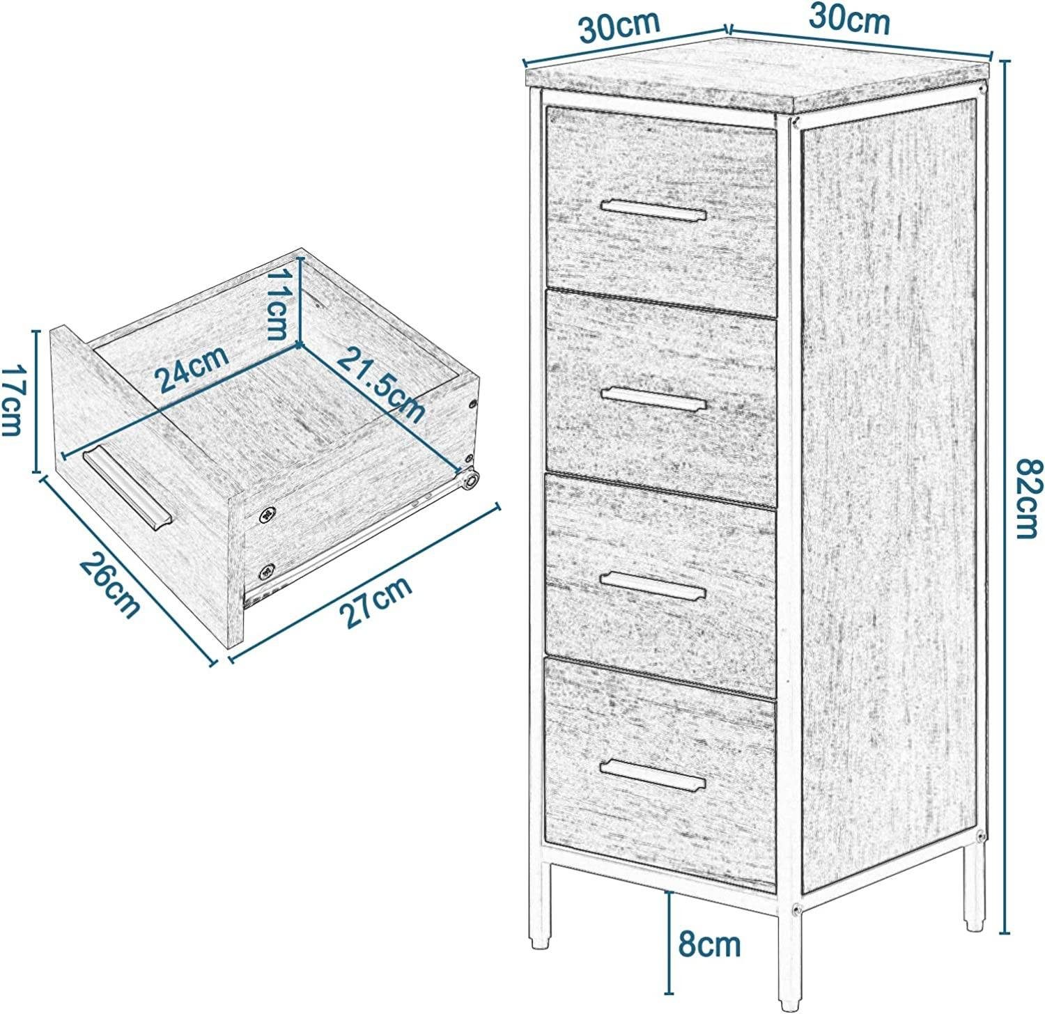 EUGAD Hochschrank (1-St) mit 4 Schubladen aus Metall + Holzwerkstoff, 30x82x30 cm