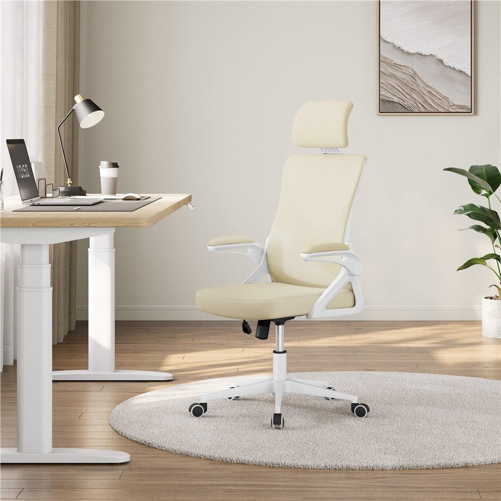 Yaheetech Drehstuhl mit Hochklappbaren Armlehnen & Verstellbarer Kopfstütze, Ergonomischer Bürostuhl Schreibtischstuhl mit flexiblem Lendenkissen – Bild 2 von 5