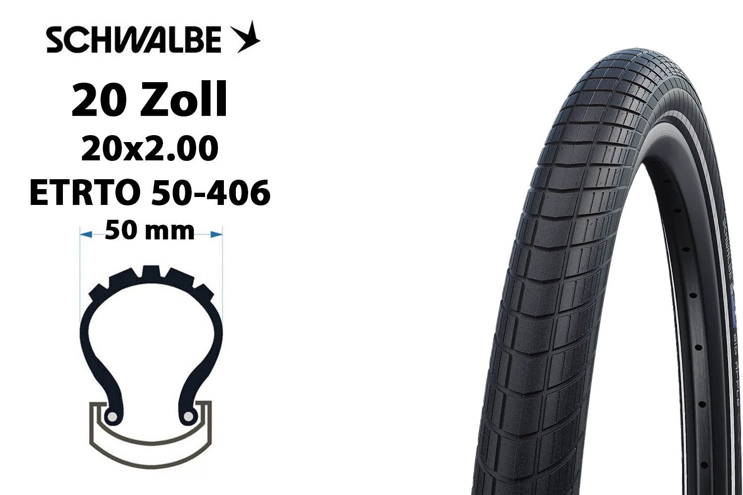 Schwalbe Fahrradreifen 20 Zoll SCHWALBE Big Apple 20x2.0 Performance RaceGuard Reflex 50-406, (1-tlg), Reflexstreifen,Pannenschutz