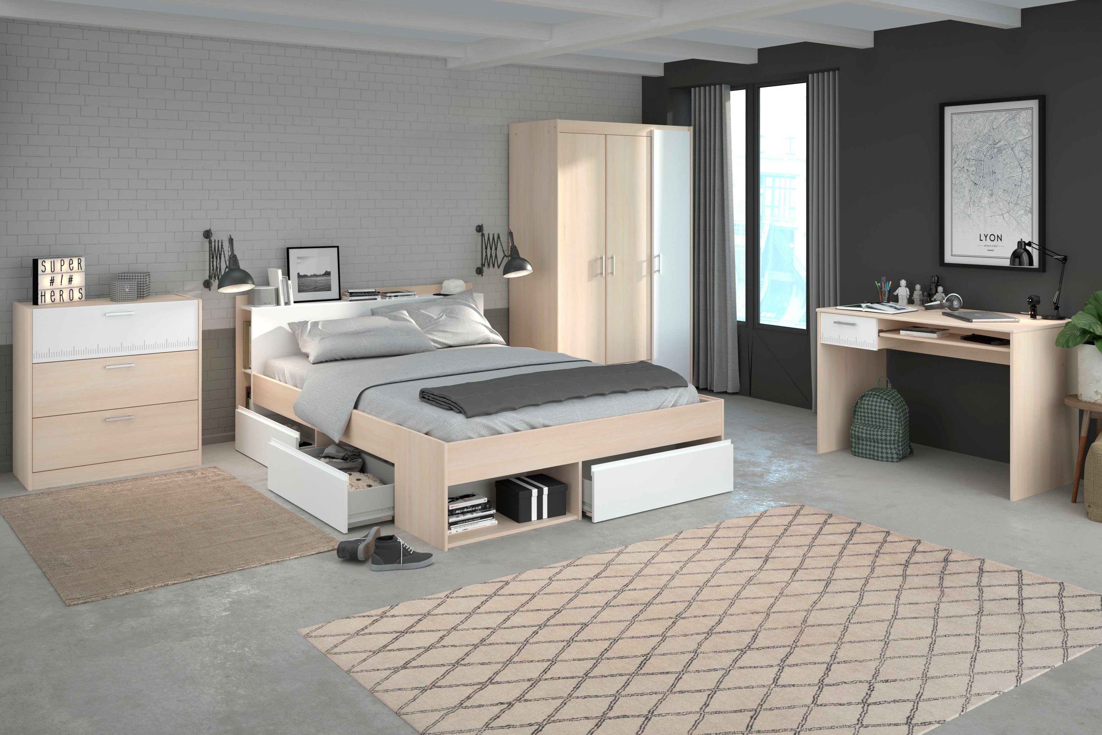 Parisot Jugendzimmer-Set Most, (Set, 4-St., Bett mit Schubkästen, Kleiderschrank, Schreibtisch, Schubkastenkommode)