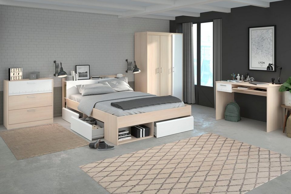 Parisot Jugendzimmer-Set Most, (Set, 4-St., Bett mit Schubkästen,  Kleiderschrank, Schreibtisch, Schubkastenkommode)