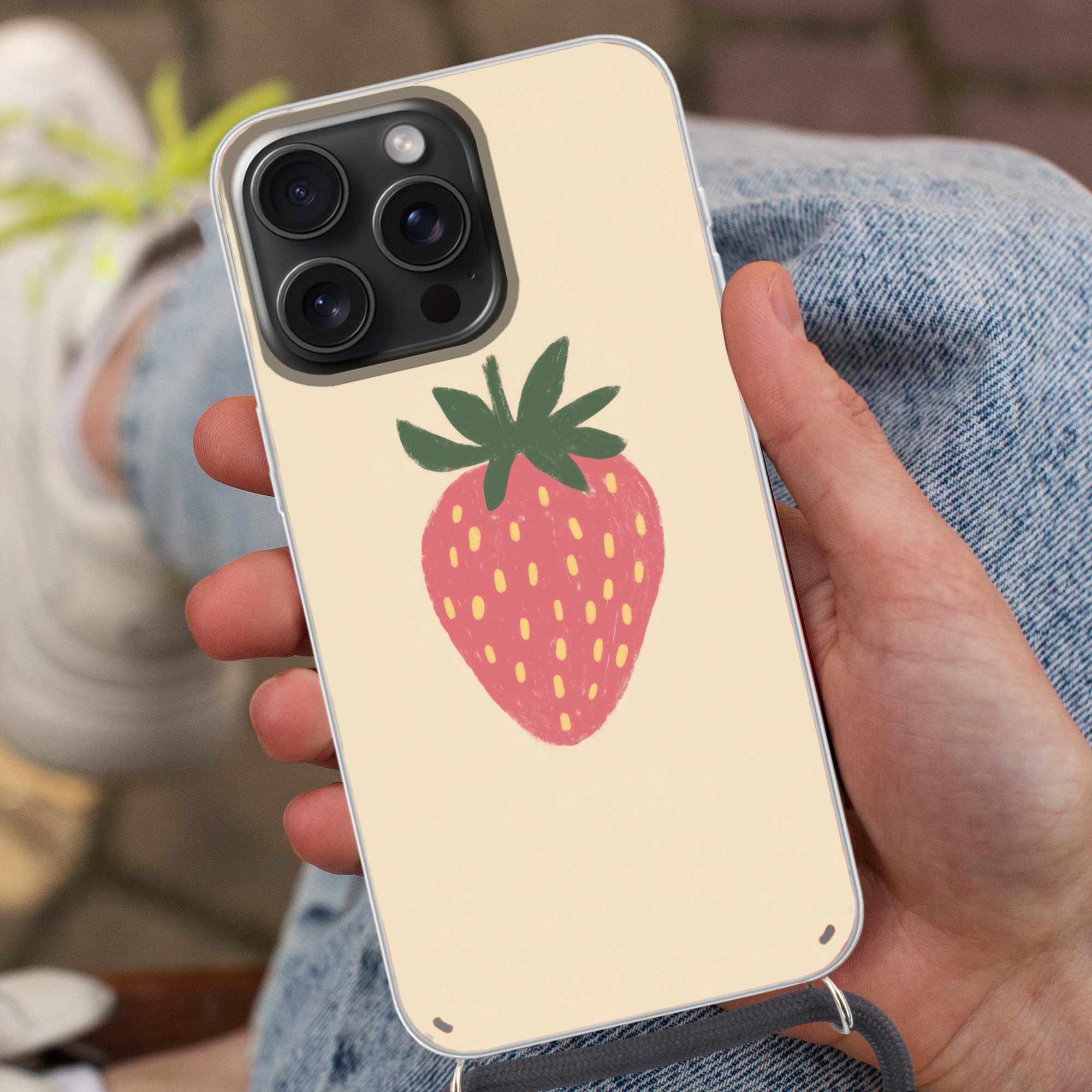 MuchoWow Handyhülle für Apple iPhone 15 Pro Max Erdbeere - Minimalistisch - Rot - Obst, Tragbare Handyhüllen mit Kette zum umhängen, Handykette Handyband