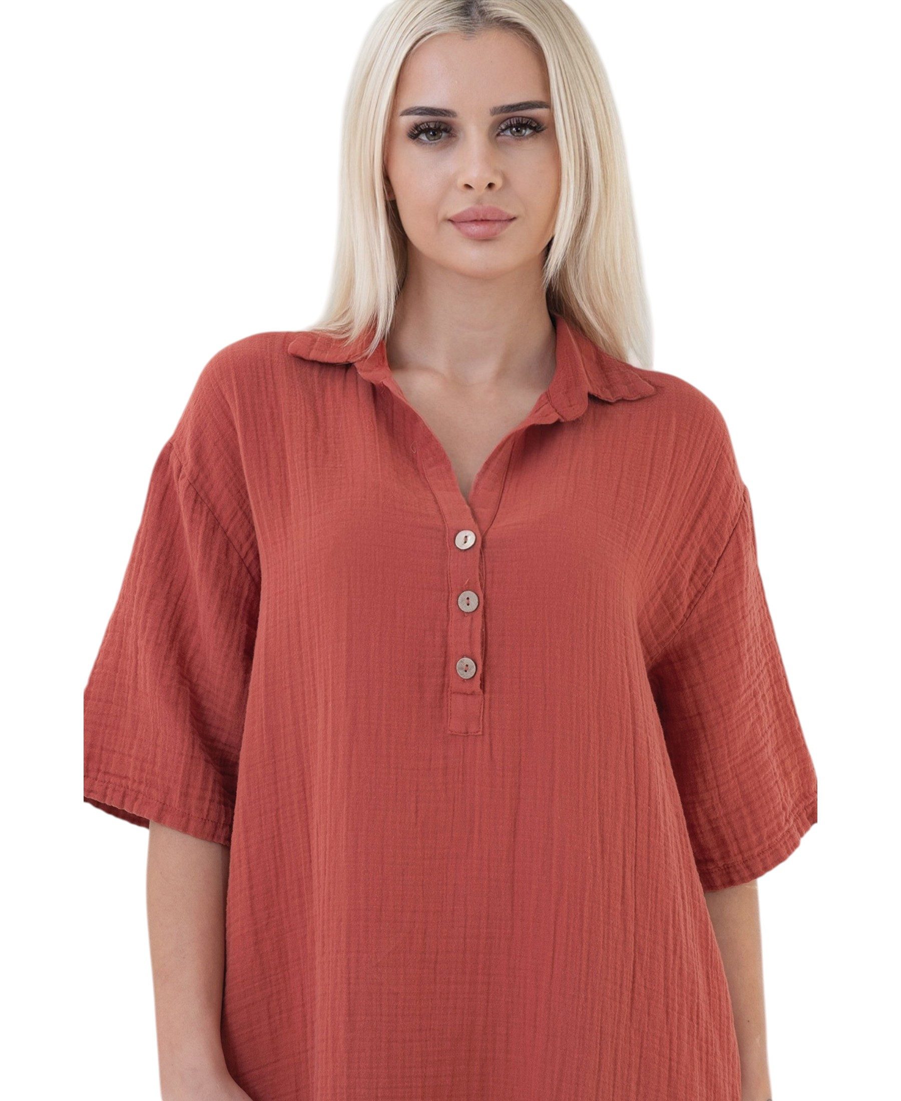 WENOR Blusenkleid Musselin Damen Tunika Kleid Baumwolle Oversize Sommerkleid Locker geschnitten mit Hemdkragen, Knopfleiste und Seitentaschen