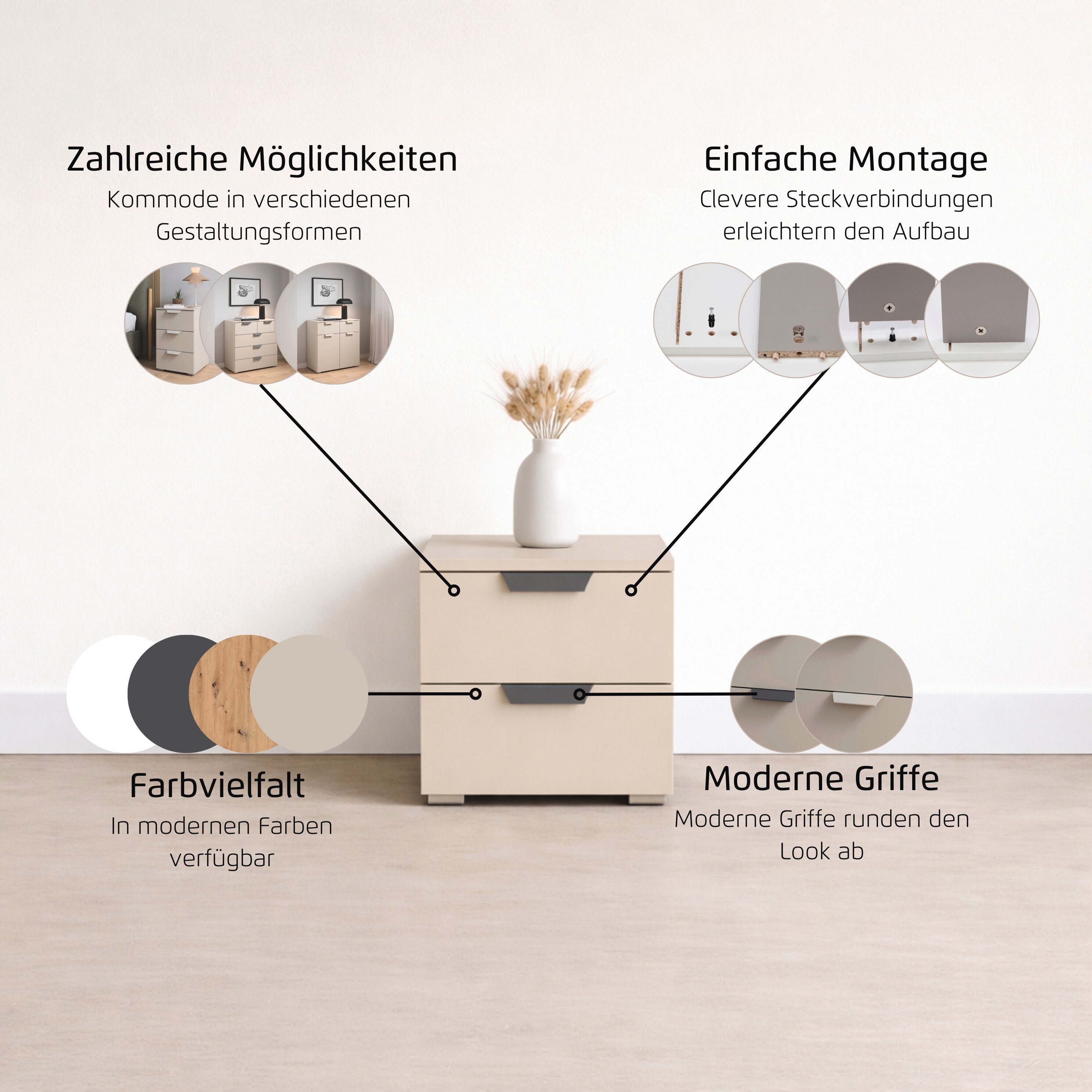 rauch Nachtkommode Nachttisch Nachtkonsole COSTA mit farblich passenden Metallgriffen (in 2 Griff-Farben, Breite 40 cm), zwei geräumige Schubladen MADE IN GERMA – Bild 4 von 5