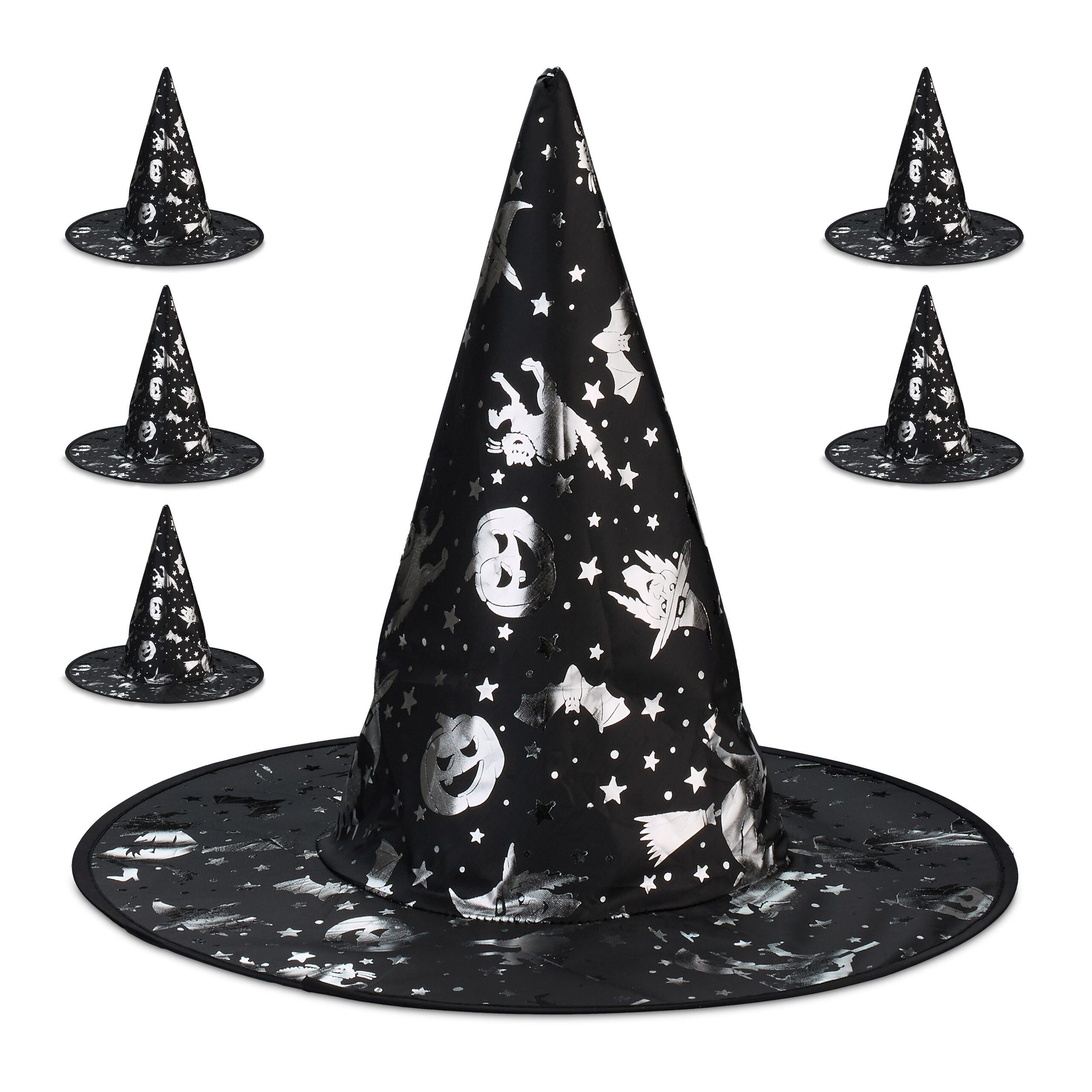 Hexen-Kostüm Hexenhut mit Halloween-Motiven 6er Set