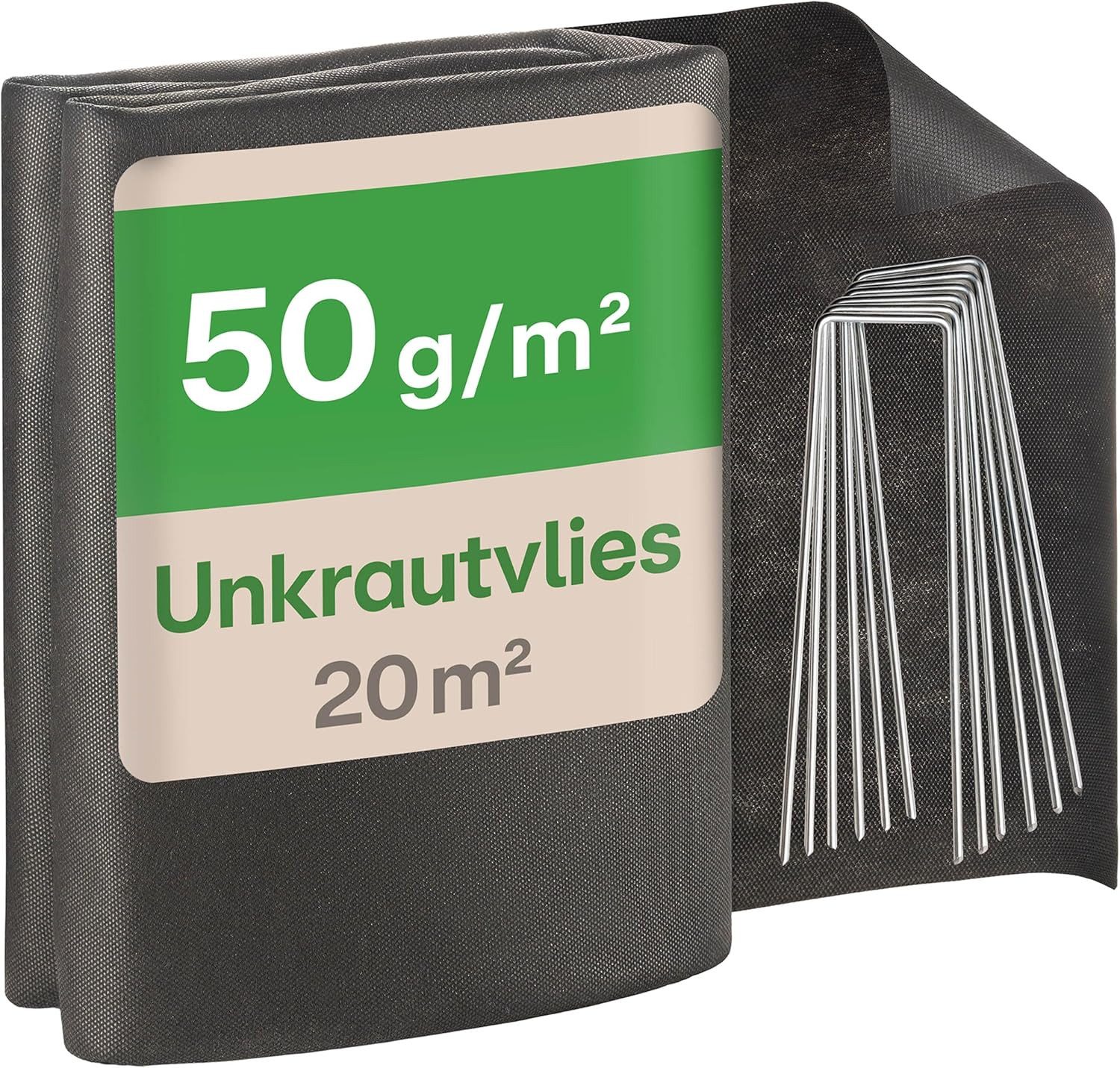 Praknu Gartenvlies Unkrautvlies 50g/m² – 20 m² Gartenvlies (2×10 m) inkl. 12 Erdanker, (Set, 1-St), Wasserdurchlässig