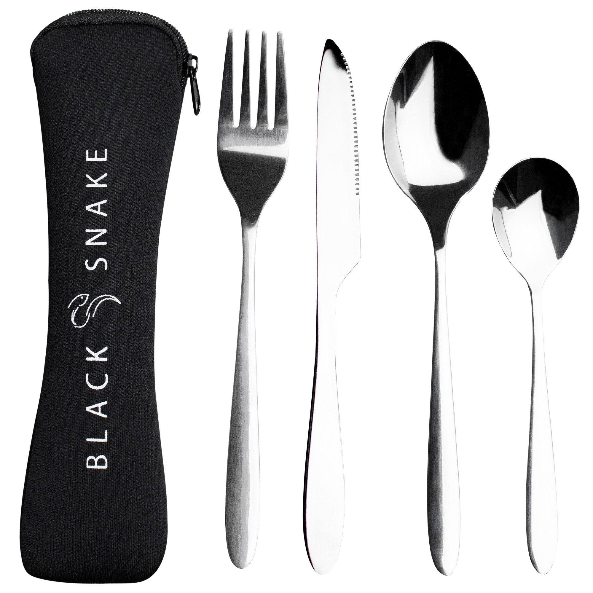 Black Snake Besteck-Set Campingbesteck aus Edelstahl mit Transporttasche für Outdoor & Reisen, 1 Personen, Leichtes Campingbesteck mit Transporttasche aus Neopren