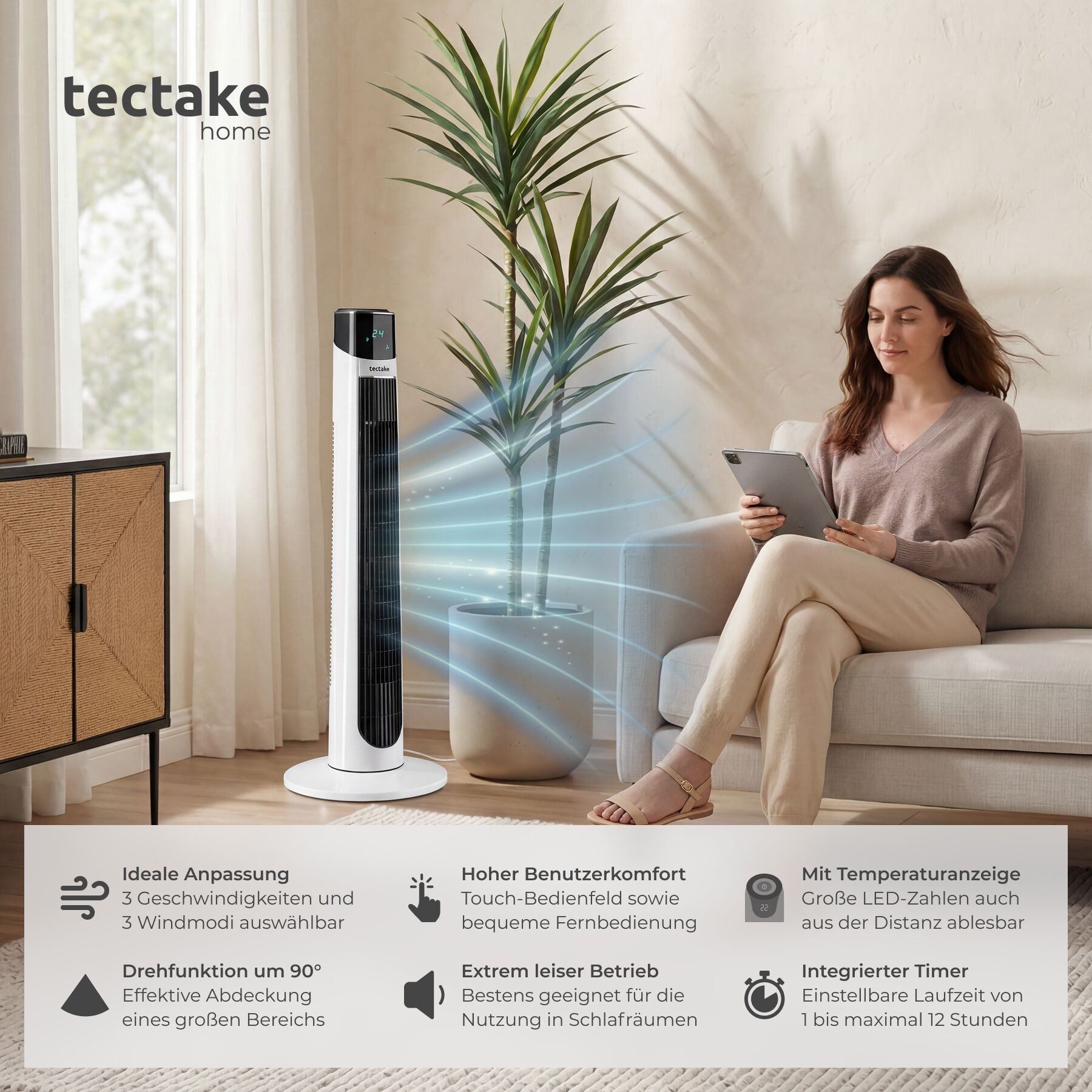 tectake Turmventilator Standlüfter Arktis in weiß, leise, energiesparend, Inkl., Schwenkfunktion, 3 Modi, 12-Stunden-Timer, Touchpanel und LED-Display