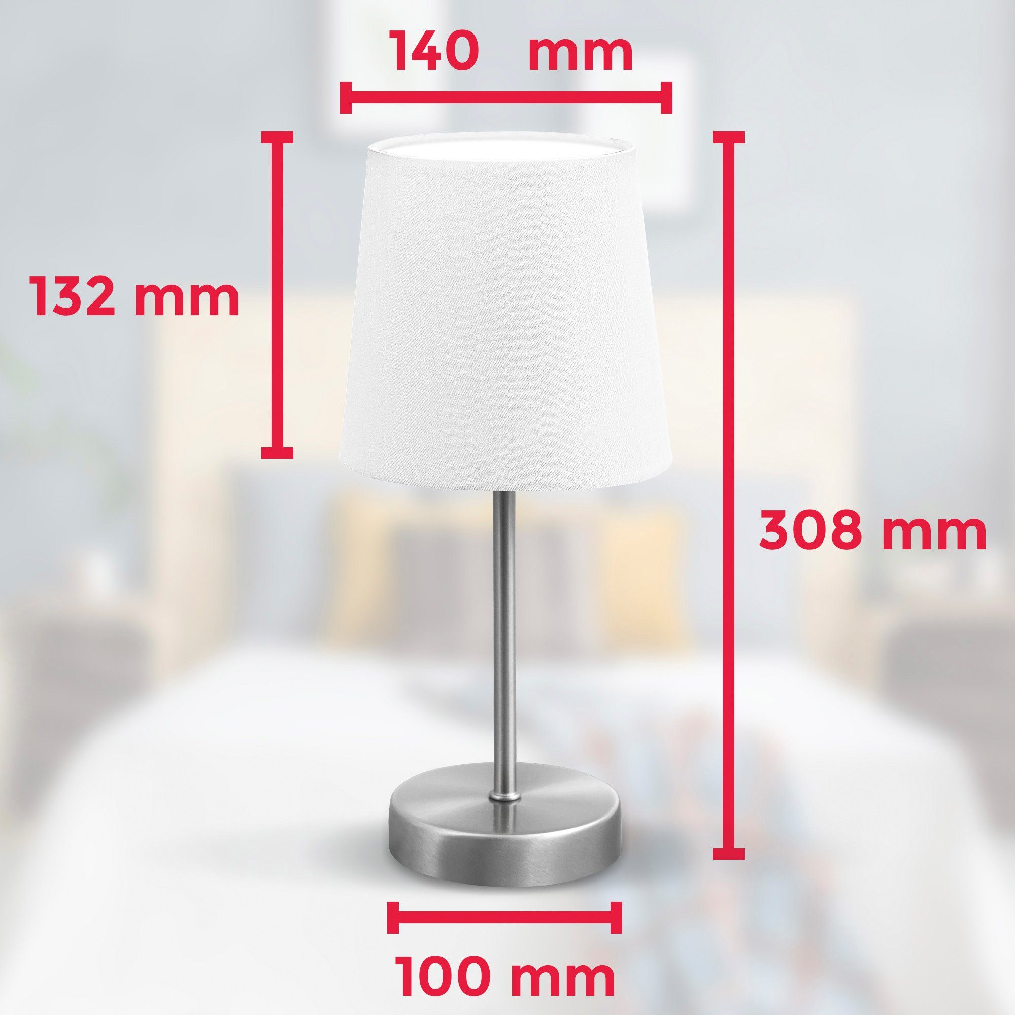 ohne Nachttischlampe mit Tischleuchte Tischlampe, mit Stoffschirm Leuchtmittel, Ohne Schalter, B.K.Licht LED E14, BK_TL1300 Matt-nickel, Leuchtmittel, IP20 weiß,