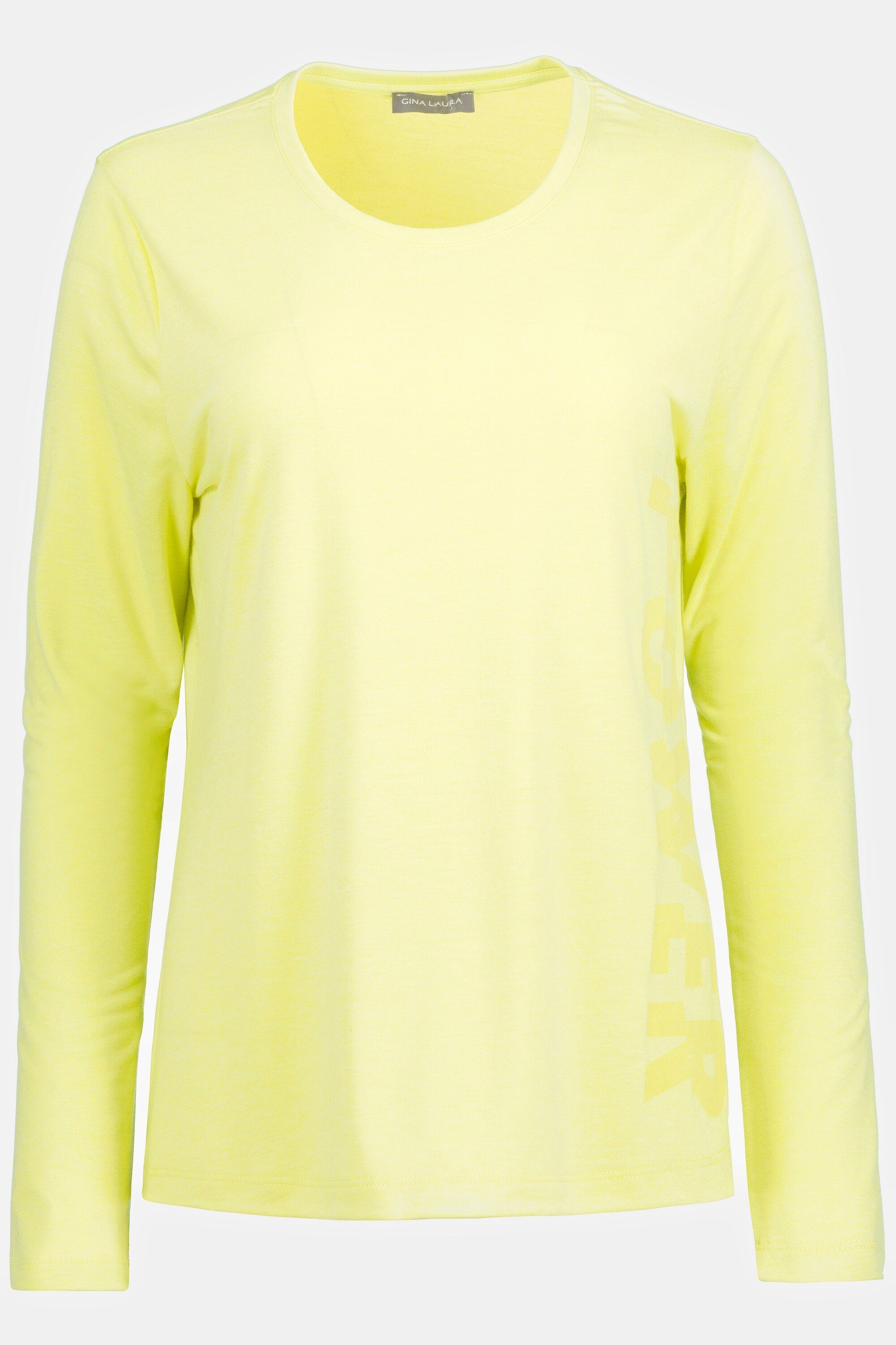 Gina Laura Rundhalsshirt T-Shirt Wording-Streifen gelbgrün Langarm Rundhals