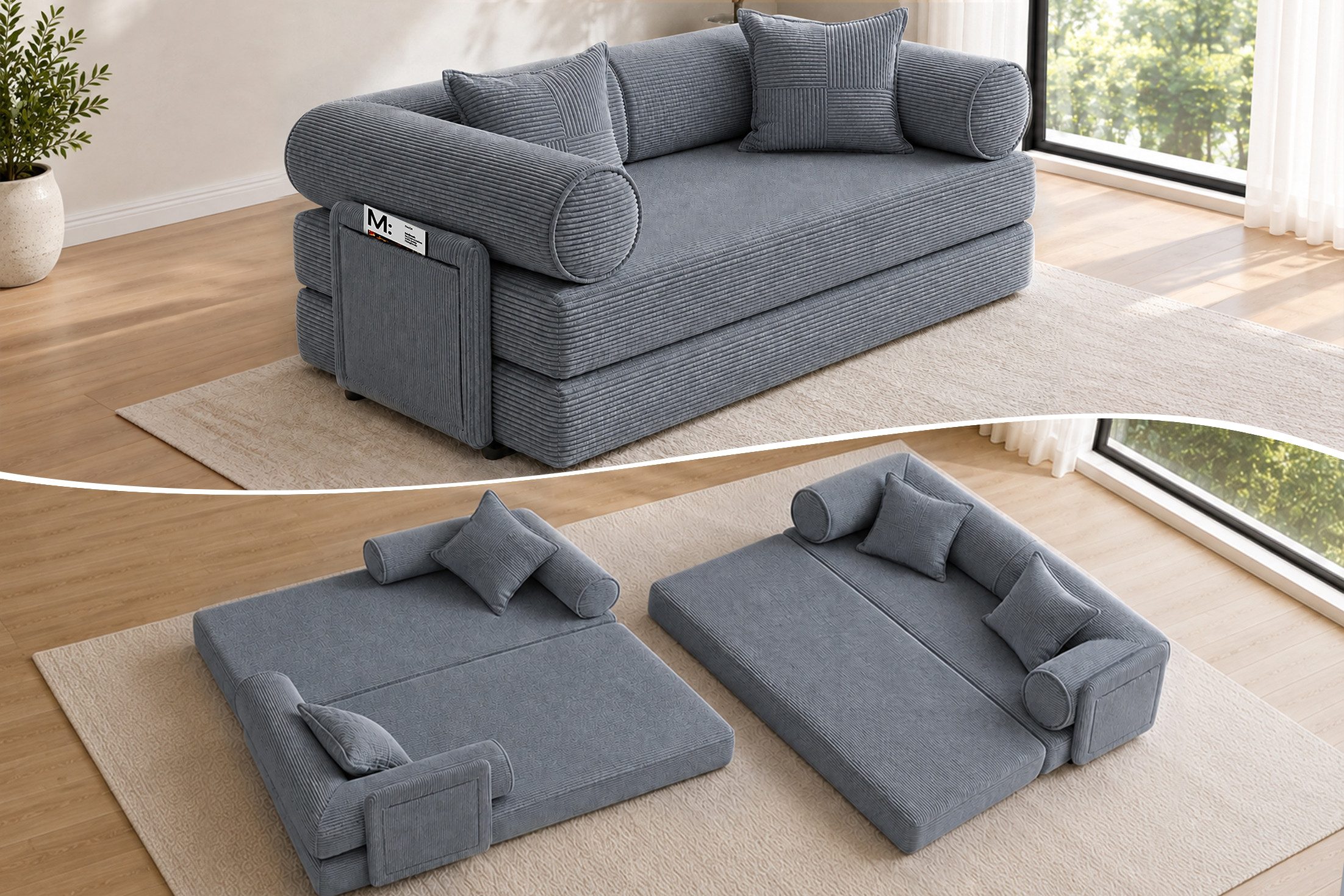 Hoolamyie Sofa 6-in-1 Cord Schlafsofa mit Schlaffunktion, 200 cm breit, 2-Sitzer, Modulares Sofa, ohne Montage, komprimiert verpackt, bis 200 kg