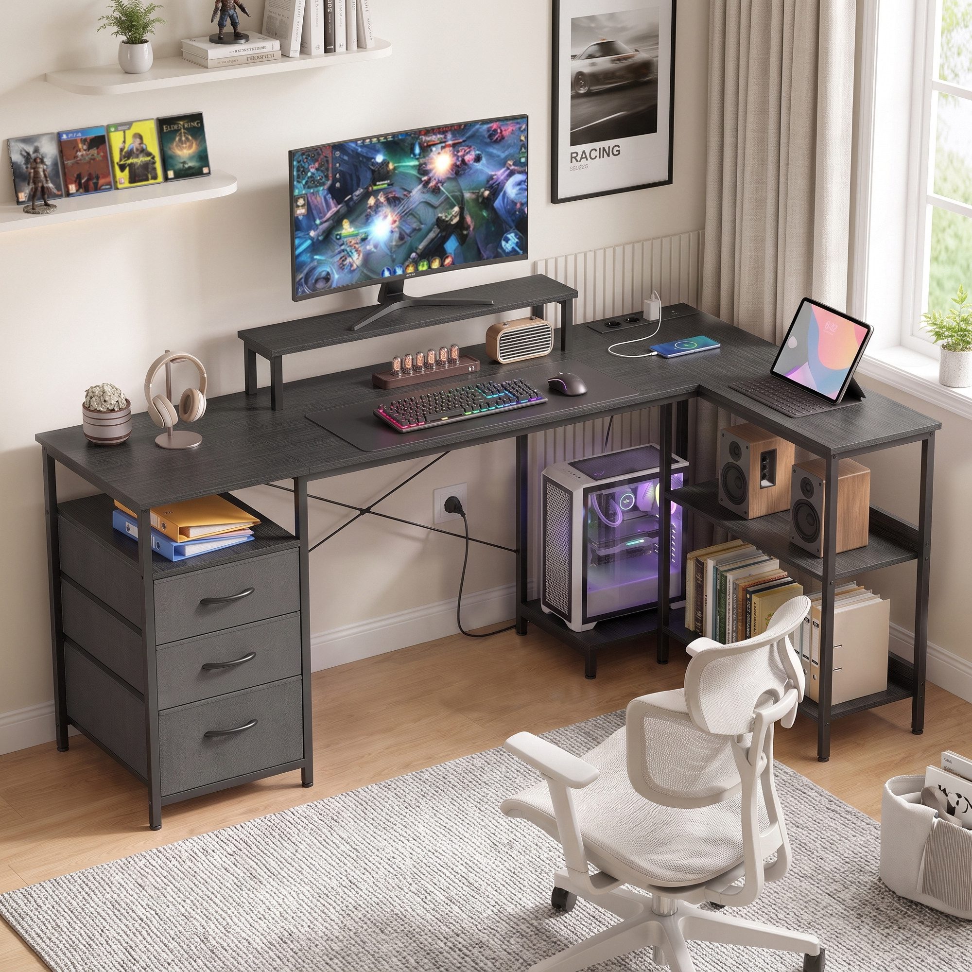 HOMCOM Schreibtisch Eckschreibtisch mit Monitorständer (Set, 1-St., 1 Tisch), umkehrbar, Steckdosenleiste, 3 Stoffschubladen