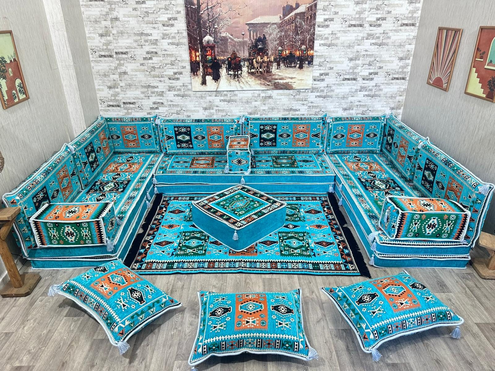 CaddeBuy Sofa Majlis, Orientalisches Sofa, Sitzkissen, Türkis-Milas-U-20, 22 Teile