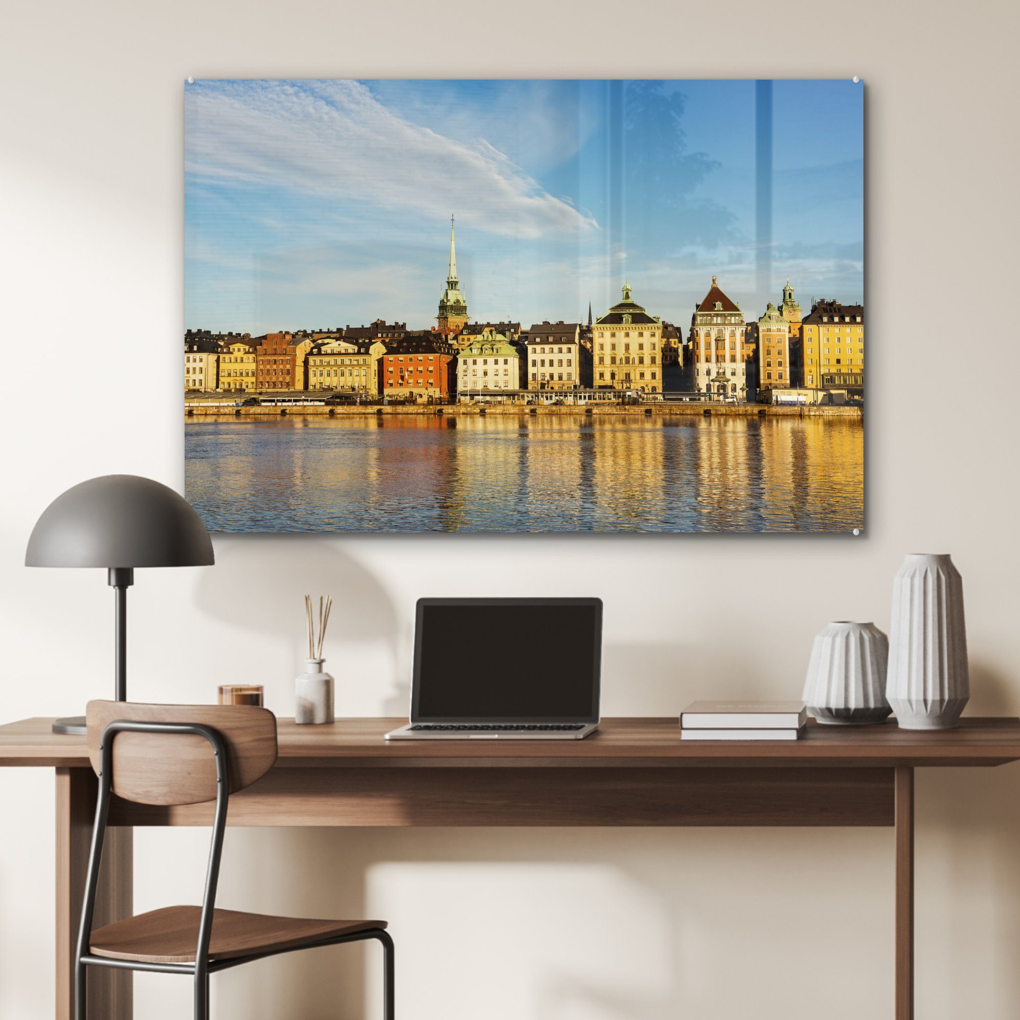 MuchoWow Acrylglasbild Gebäude über dem Wohnzimmer Acrylglasbilder Schweden, in Hafen & Schlafzimmer St), Stockholmer (1