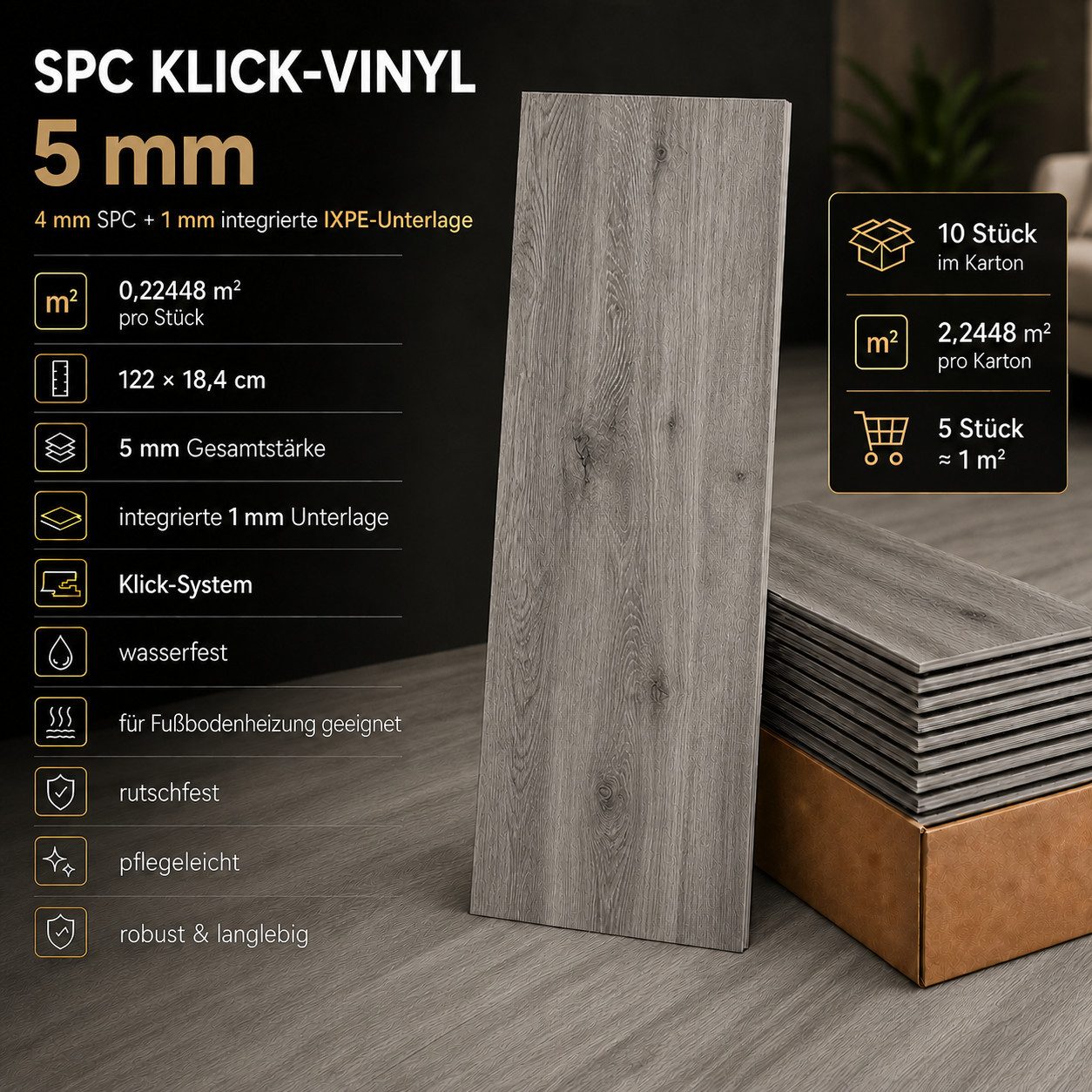 Berti Graf Designboden SPC Vinylboden 5 mm Klick wasserfest mit Trittschalldämmung, kleberfrei, pflegeleicht – Bild 3 von 5
