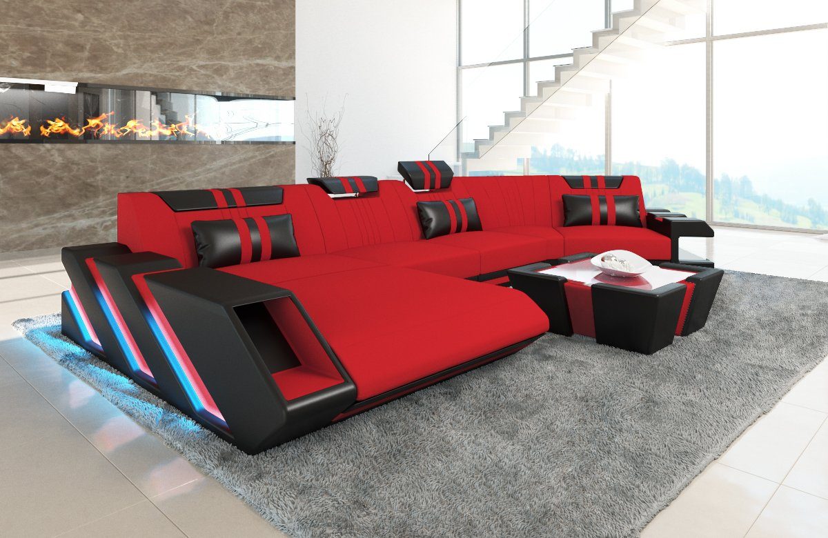 Sofa Dreams Wohnlandschaft Stoff Sofa Apollonia C Form Stoffsofa Polster Couch Sofa, mit LED, wahlweise mit Bettfunktion als Schlafsofa, Designersofa C134 Rot-Schwarz