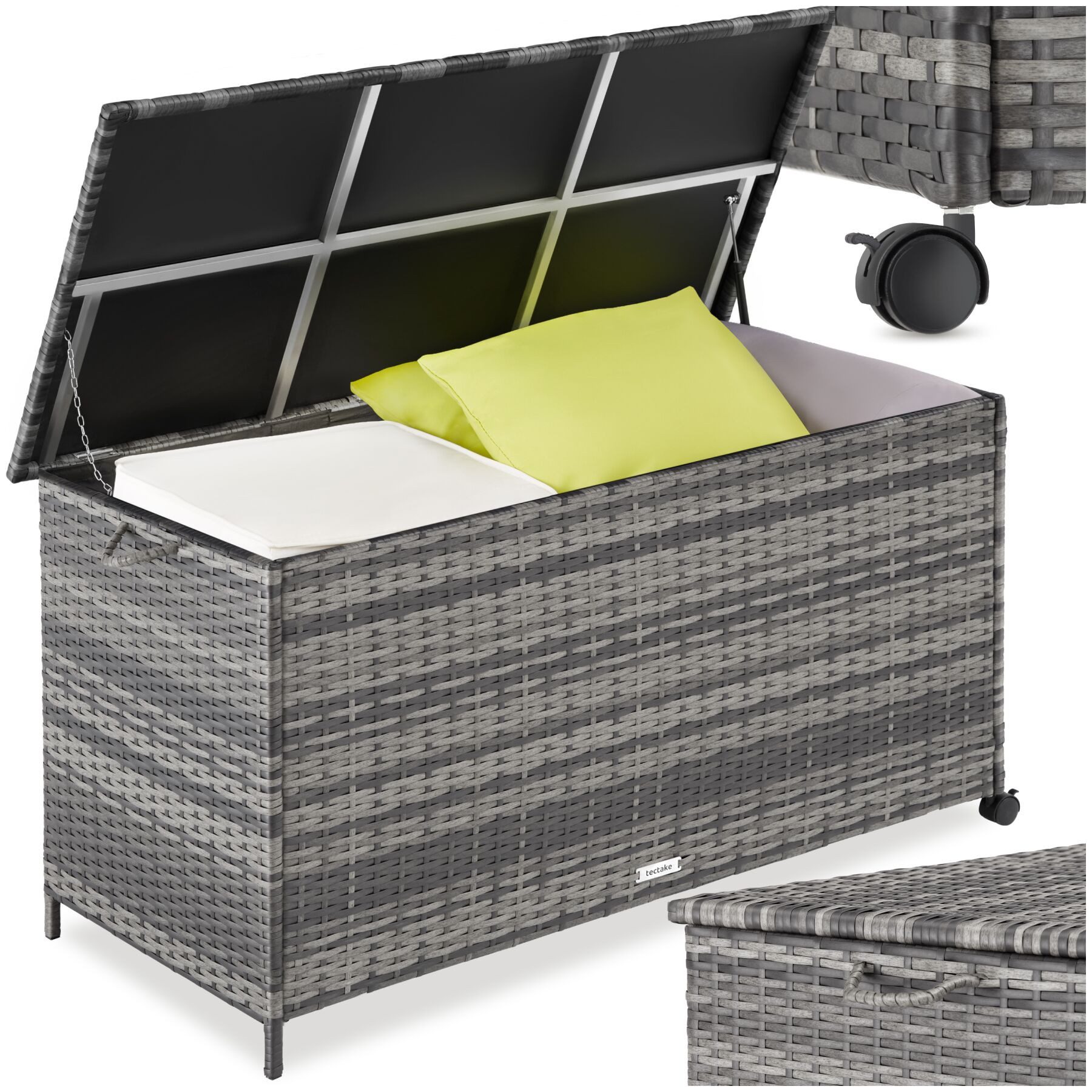 tectake Gartenbox Kissenbox mit 253 l Volumen, Aluminium, Rollen, Rattan, Hubautomatik (Rattanbox Kuusamo, in Grau), herausnehmbare Innenverkleidung für flexible Nutzung