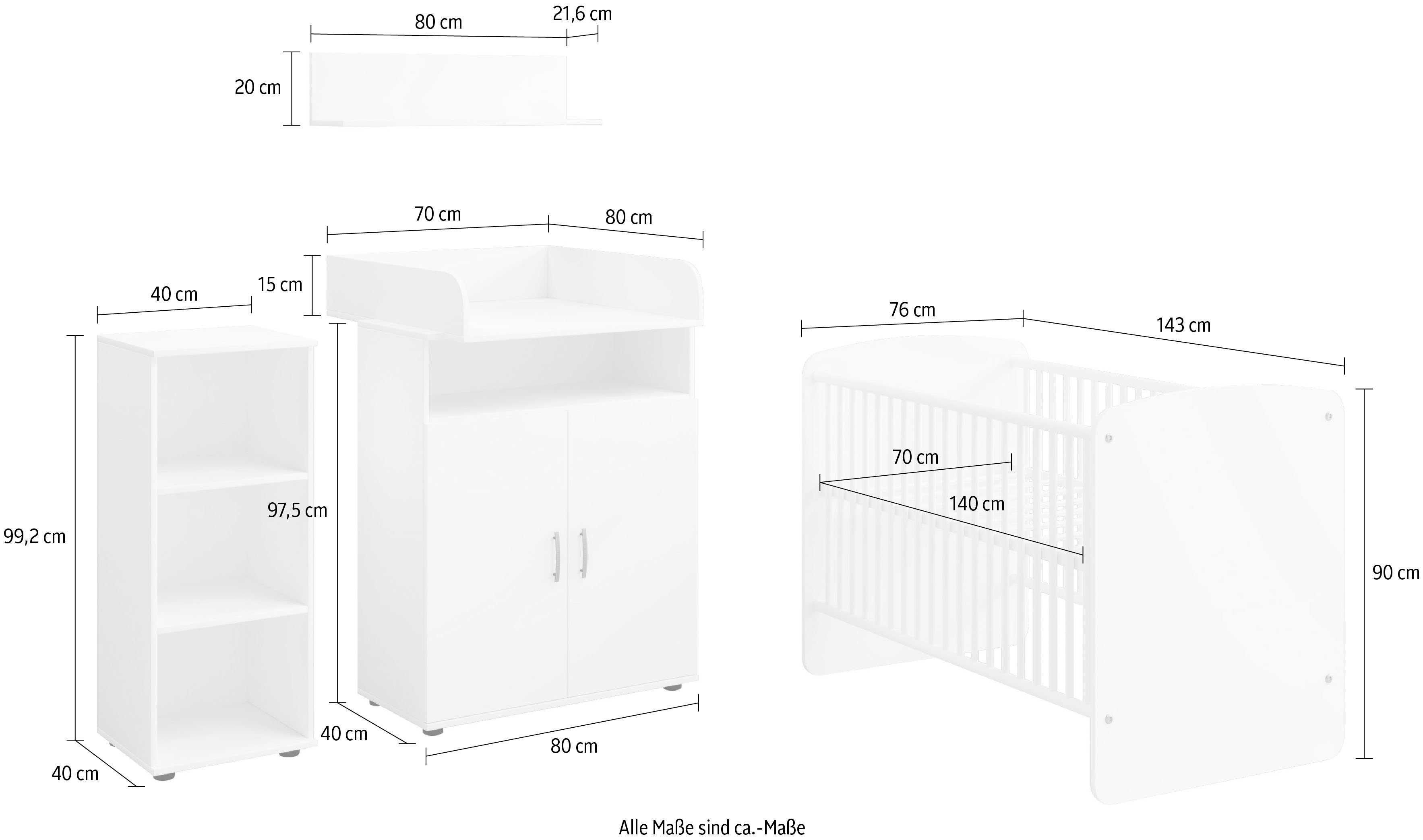 140cm, Desmond x Babybett Regal), Set aus: Wickelaufsatz, Wickelaufsatz, Lüttenhütt x 140cm, Wandboard, Babymöbel-Set, Regal Babybett Wandboard, Kommode, (Set Weiß/Eiche aus: 70 70 Kommode,