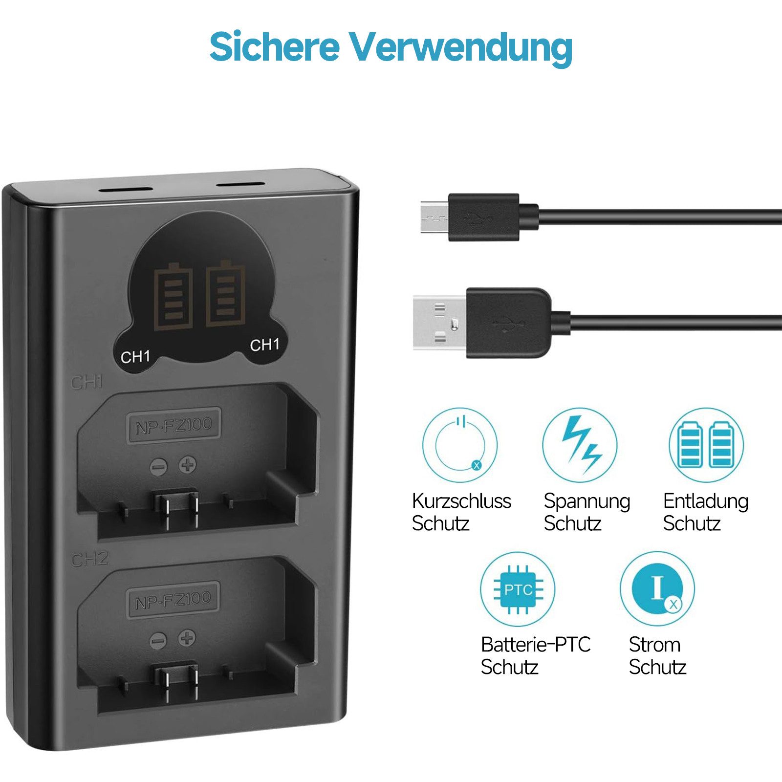 Neewer DL-FZ100 Dual USB Ladegerät für Sony NP-FZ100 Akku, mit LCD Display Batterie-Ladegerät (2100 mA, Packung, micro-USB/Type-C, für Sony ZV-E1 FX3 FX30 A1 A9 II A7R V Kameras)