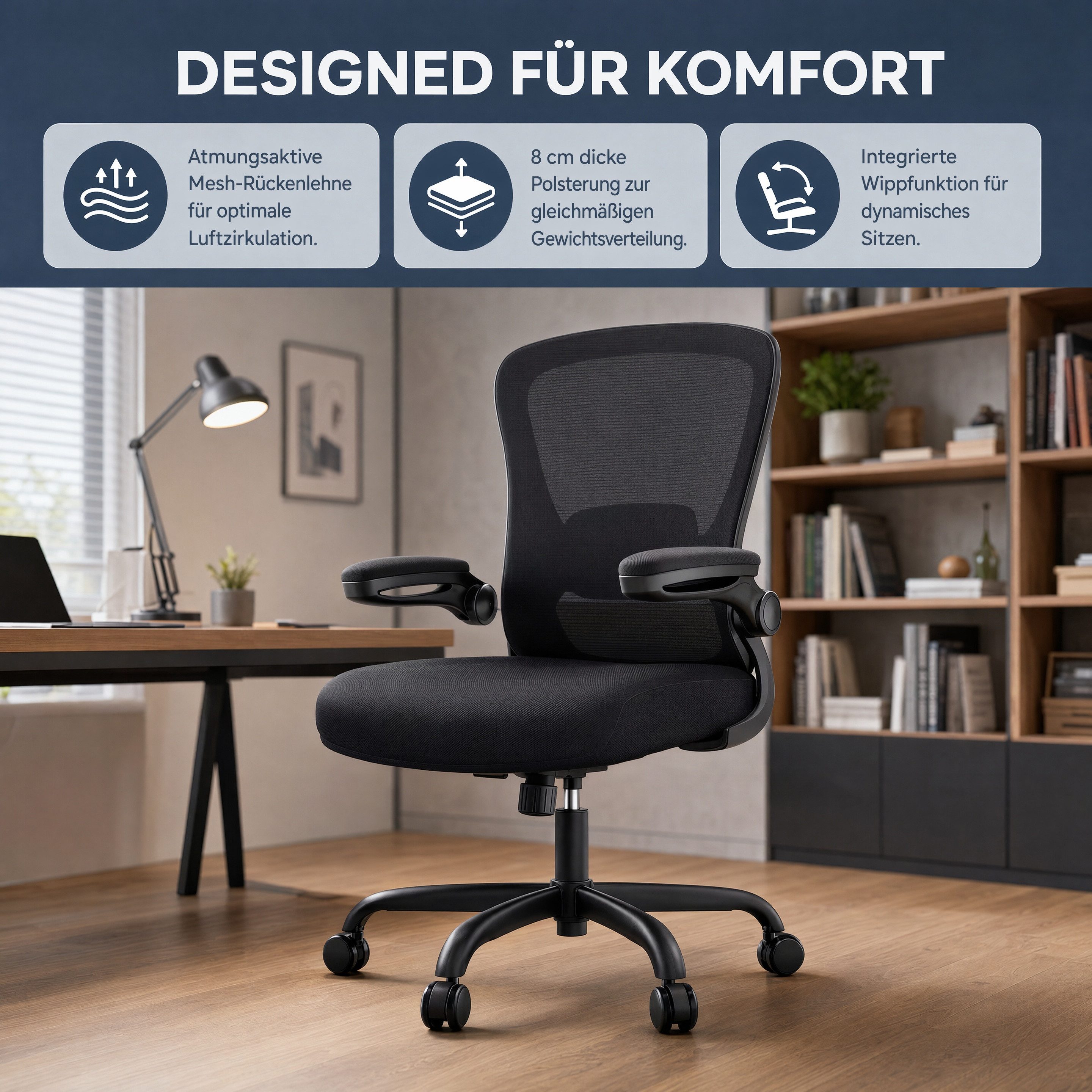 Marsail Bürostuhl Ergonomischer – Schreibtischstuhl Mesh mit 3D-verstellbaren Armlehnen (4-fach verstellbarer Lendenwirbelstütze, Mesh-Rückenlehne), Höhenverstellung, Wippfunktion, Drehstuhl bis 136 kg