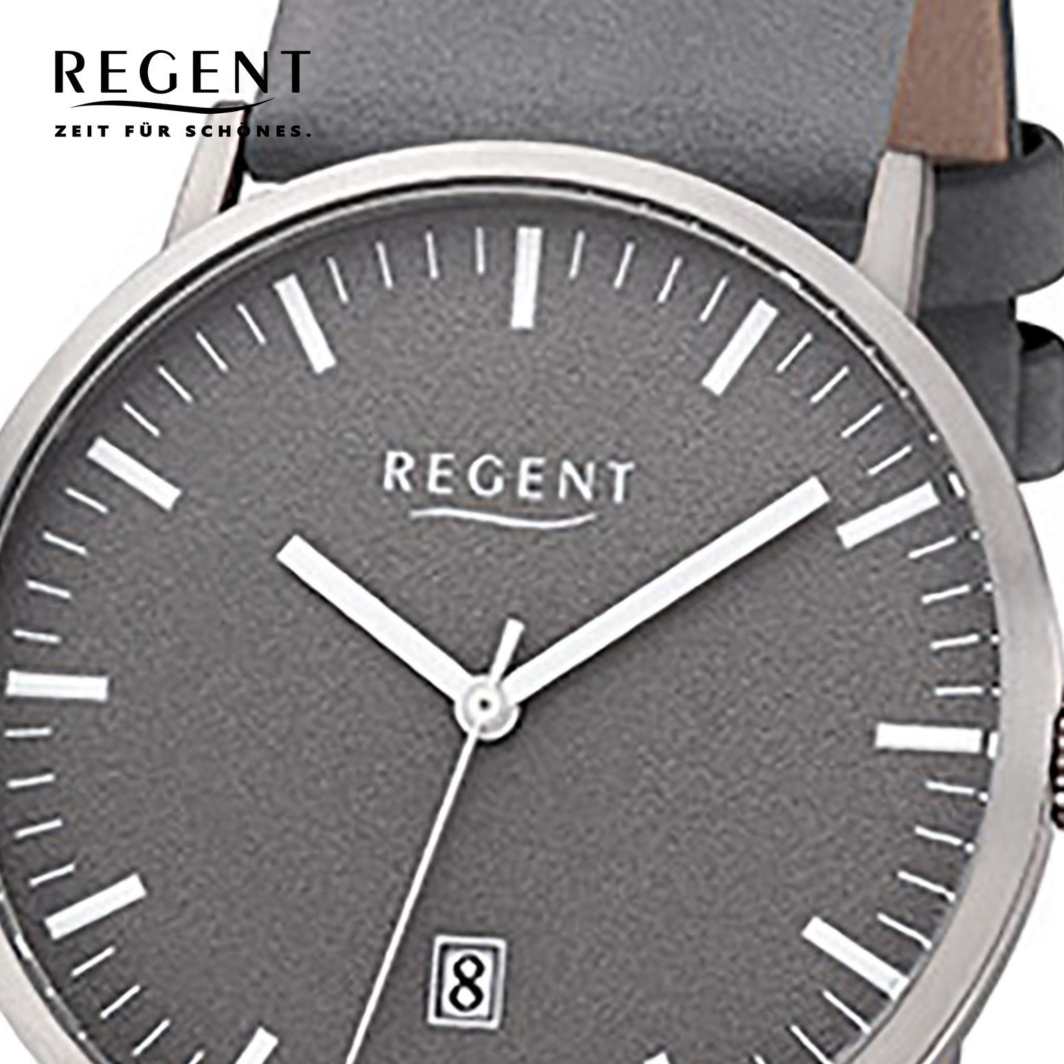 Quarzwerk, rund, Herren Armbanduhr Uhr grau 39mm), (ca. Lederarmband mittel Leder Quarzuhr Regent F-1234 Regent Herren