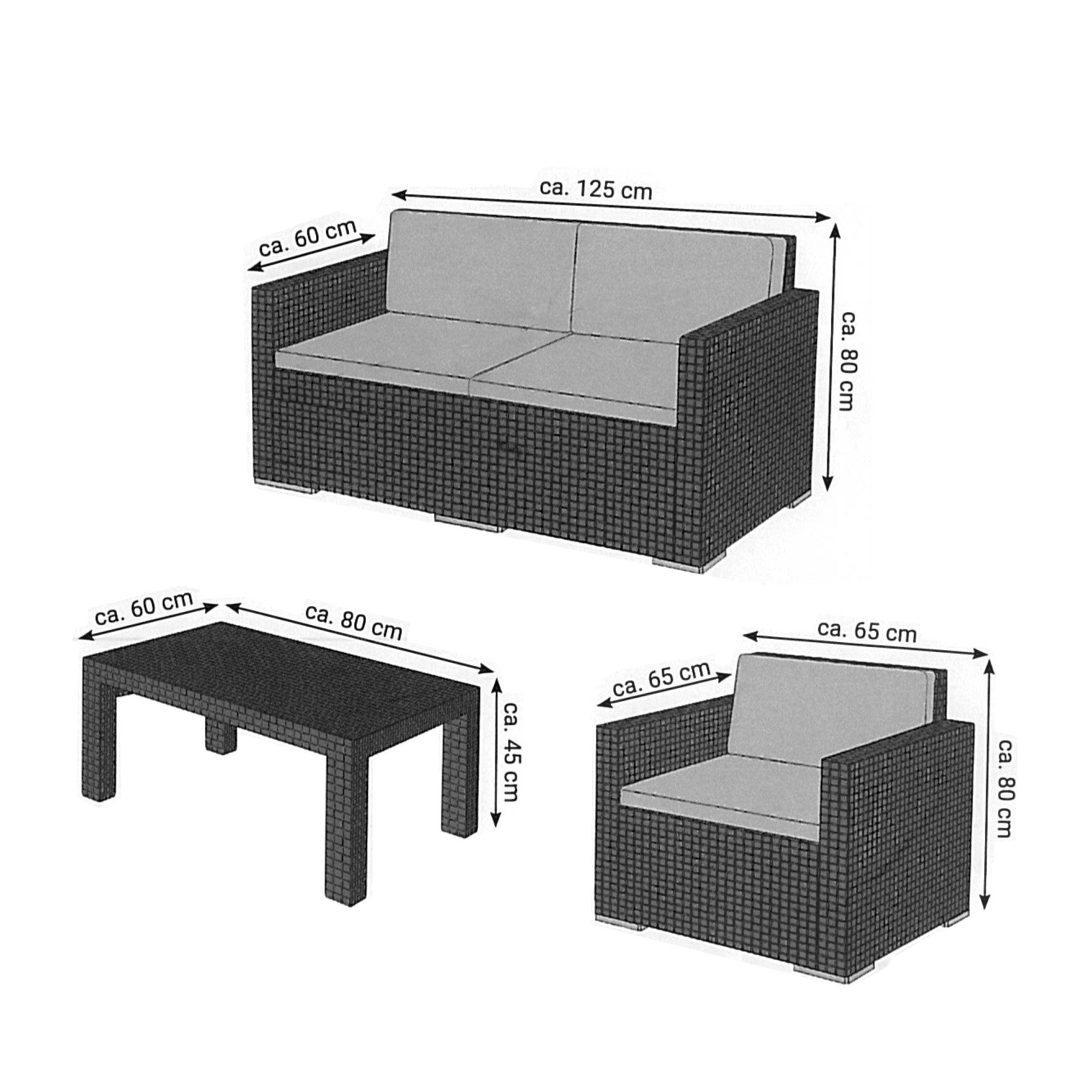 Bestlivings Gartenlounge-Set Gartenmöbel in Rattan-Optik, 4-tlg., 2 Sessel, 1x2er Sofa, Tisch, inkl. Auflagen