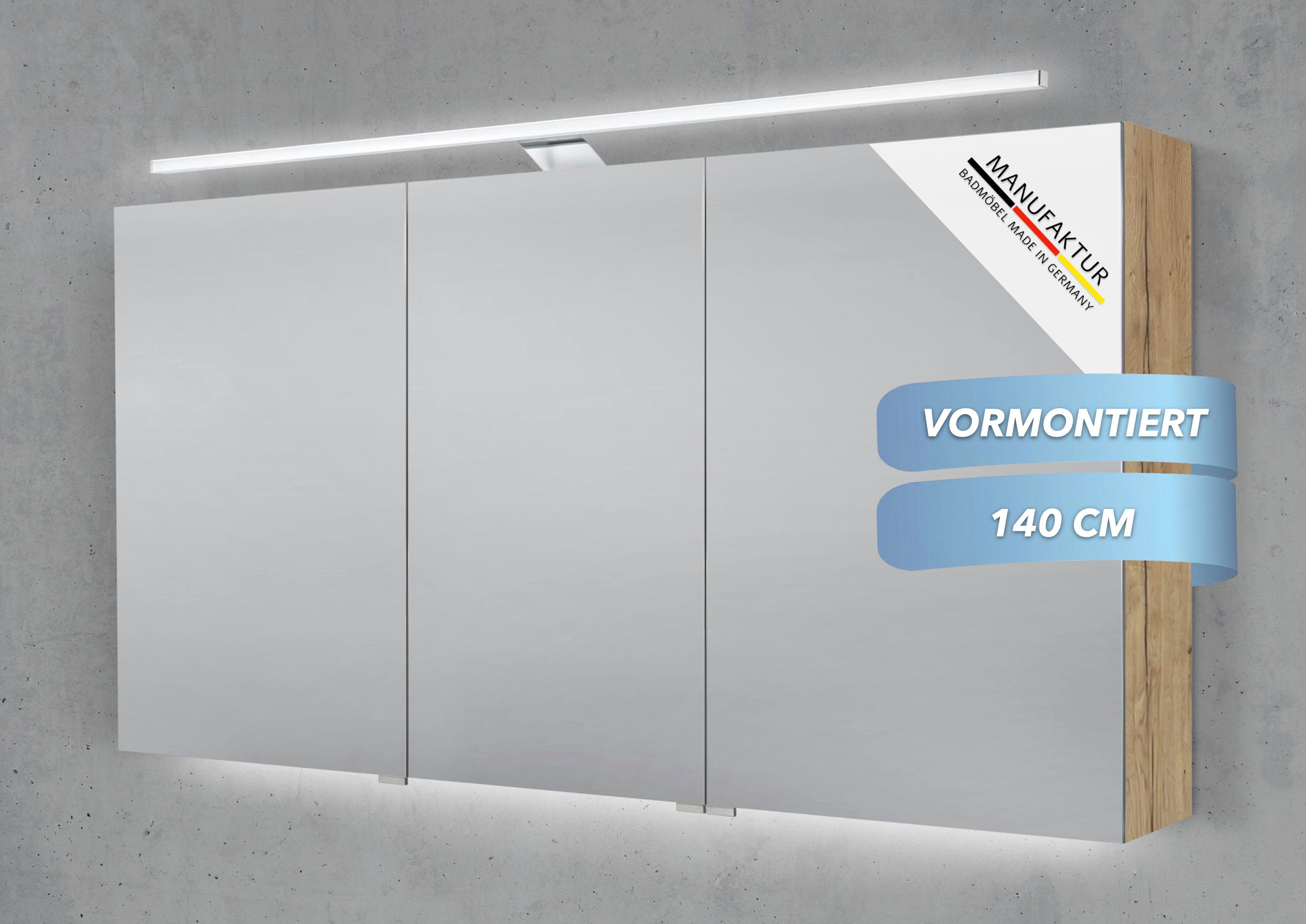 Intarbad Badezimmerspiegelschrank 3-türiger Spiegelschrank mit MULTI LED Aufbauleuchte stufenlos dimmbar (Doppelspiegeltüren, Holz-/ Lackdekore, Maße von 130 bis 160 cm wählbar, Höhe 70 cm, Glasfachböden, Magnetleiste & Kosmetikspiegel Ø 12 cm) Vormontierte Lieferung, Floatglas, 160 kg Traglast, Made in Germany