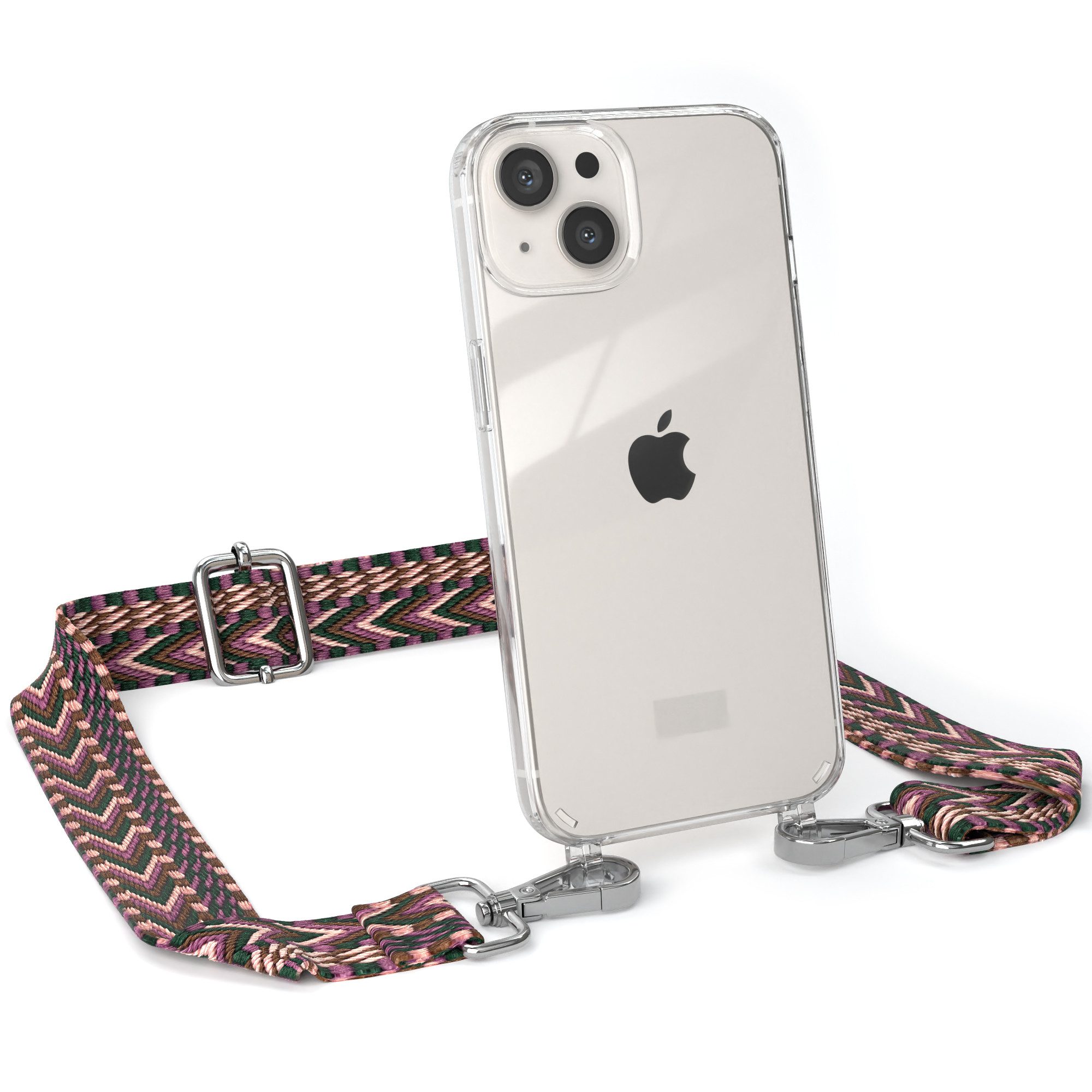 EAZY CASE Handykette Boho Umhängeband für Apple iPhone 13 6,1 Zoll, Durchsichtige Hülle mit Handyriemen Phone Karabiner Halskette Beere