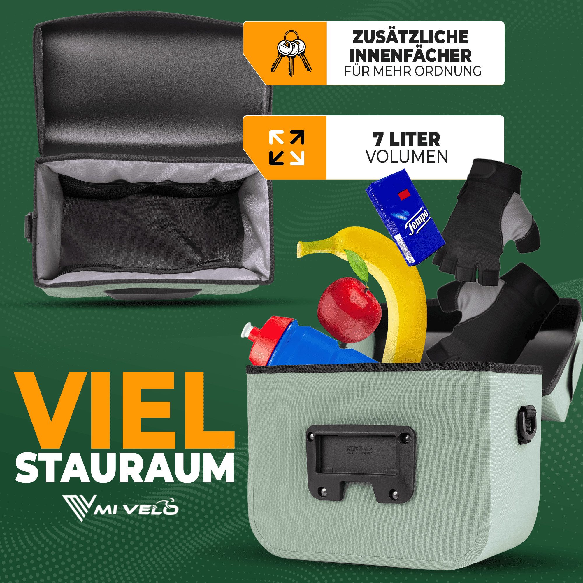 MIVELO Lenkertasche Fahrradtasche Lenker für KLICKfix, Fahrrad Tasche wasserdicht, KLICKfix kompatibel