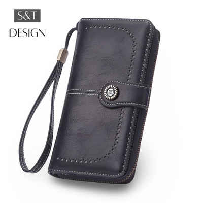 S&T Design Brieftasche Geldbörse Portemonnaie Damen Groß Leder (Münzfach, RFID-Schutz Damen Portmonee), XXL mit vielen Kartenfächer Reißverschluss