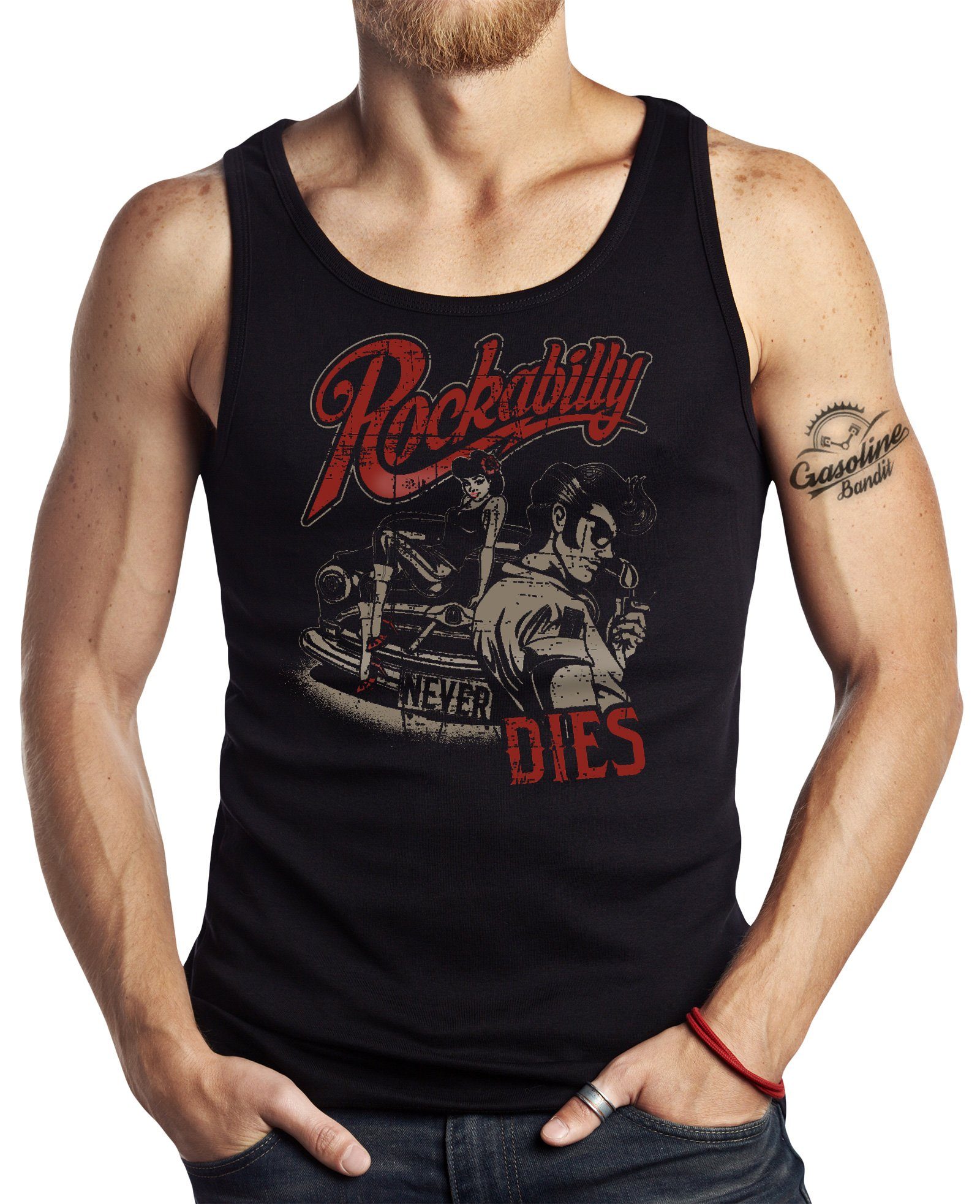 Tanktop für Hot-Rod Biker Racer Motorrad Fans: Rockabilly Never Dies
