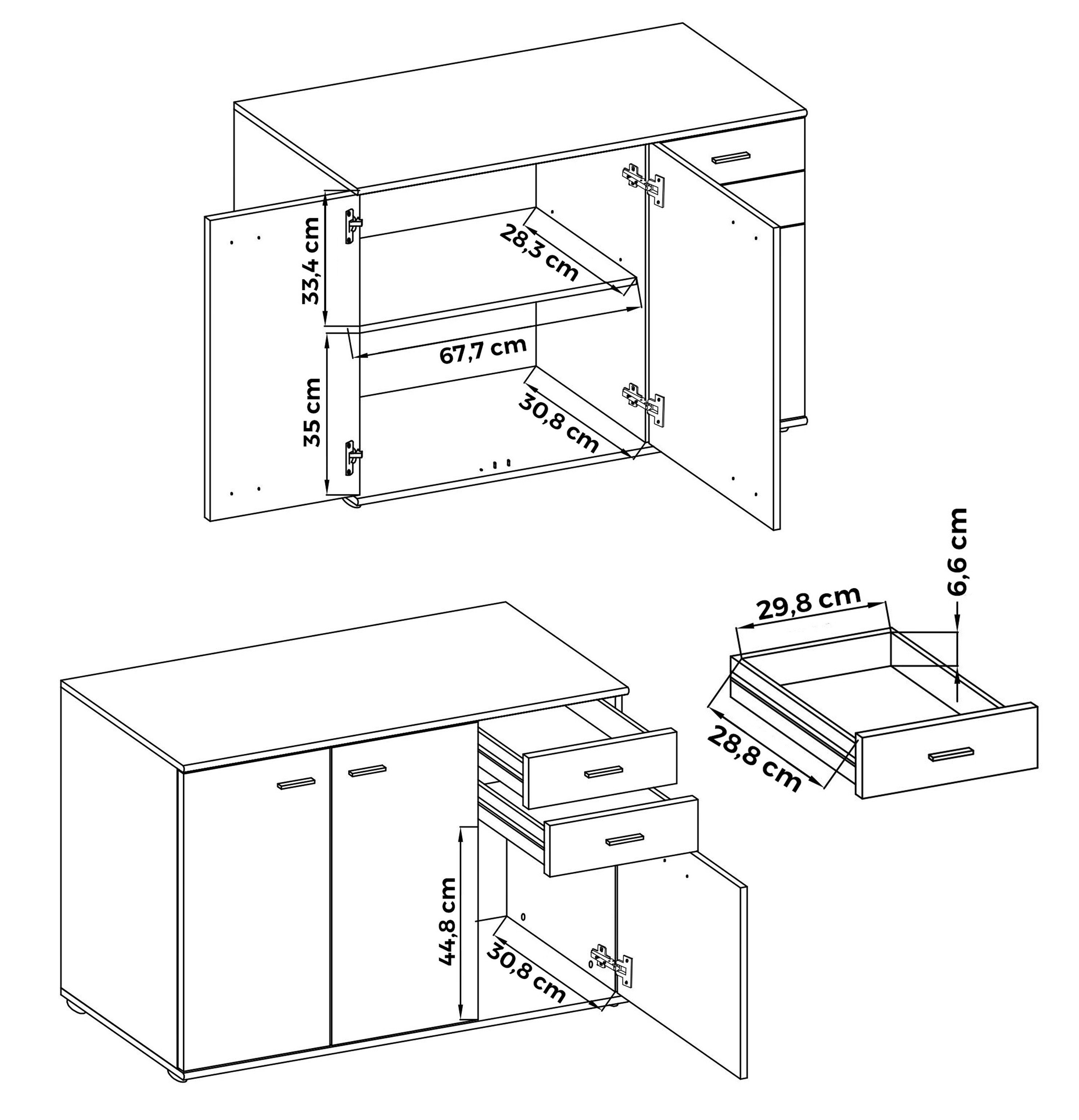 Kommode 2 T35 x 3 cm H75 Türen Midos, mit und B106 Sideboard Furnix x Schubladen Pflaumenbaum