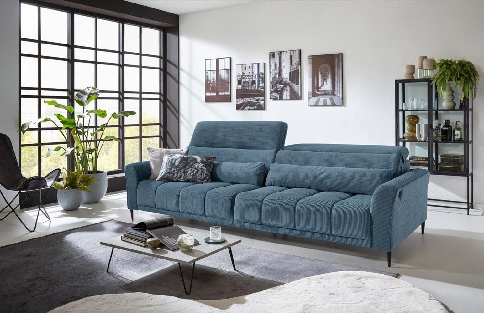 freiraum Big-Sofa Wolve, 2x elektr. Verstellung, Cord blau - 280x108x118cm (BxHxT)