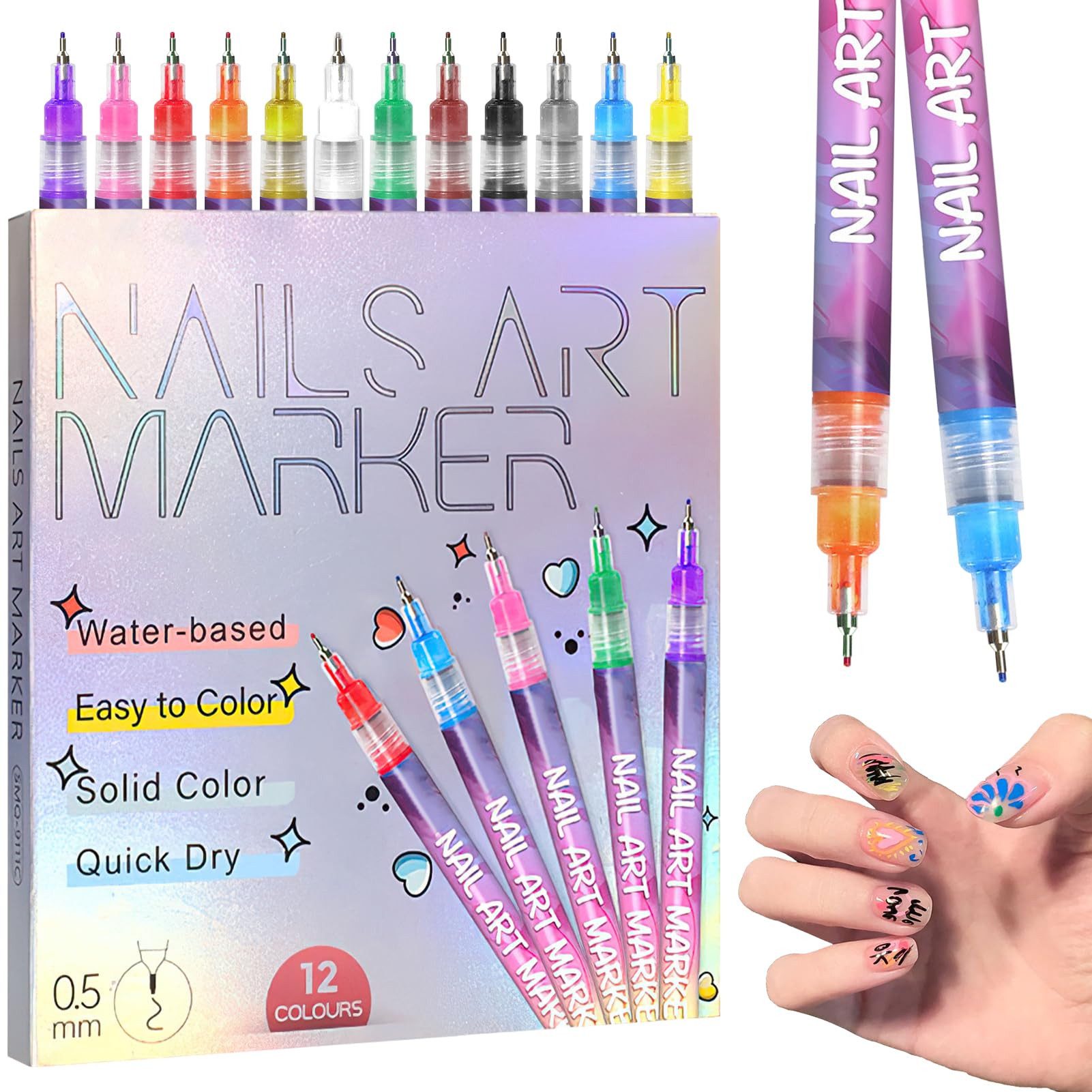 FOUORTUNATE-BEE Malstift 12 Farben Nailart Stifte – Schnelltrocknende 3D Nagellackpens, Nailart Linien Punktstifte Set für Zuhause & Studio