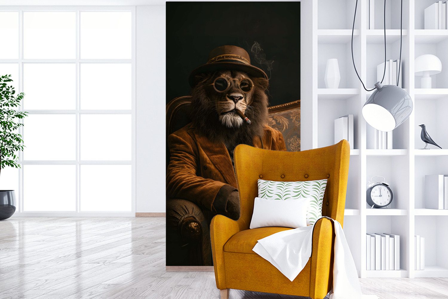 MuchoWow Fototapete Brille - Löwe - Bank - Hut, Matt, bedruckt, Vliestapete für Wohnzimmer Schlafzimmer Küche, Fototapete, 120x240 cm