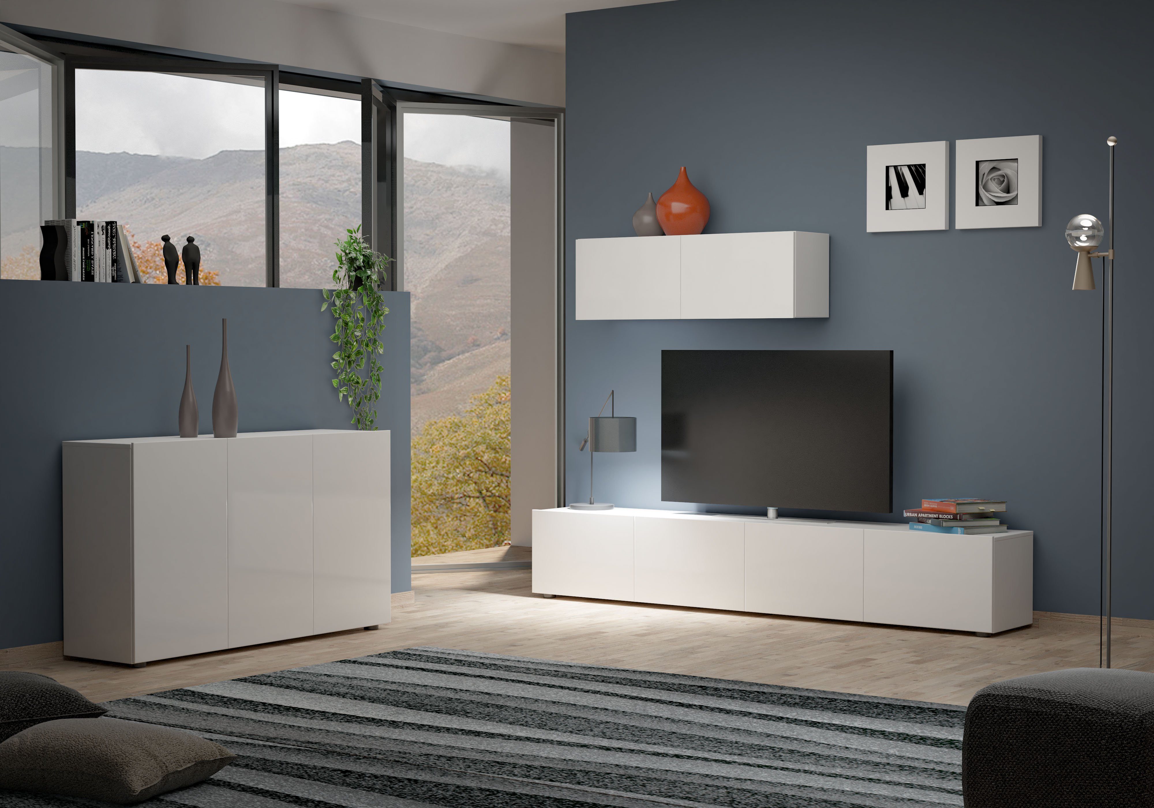 KITALY Lowboard in weiss, Lack Hochglanz - 225x40x38cm (BxHxT)