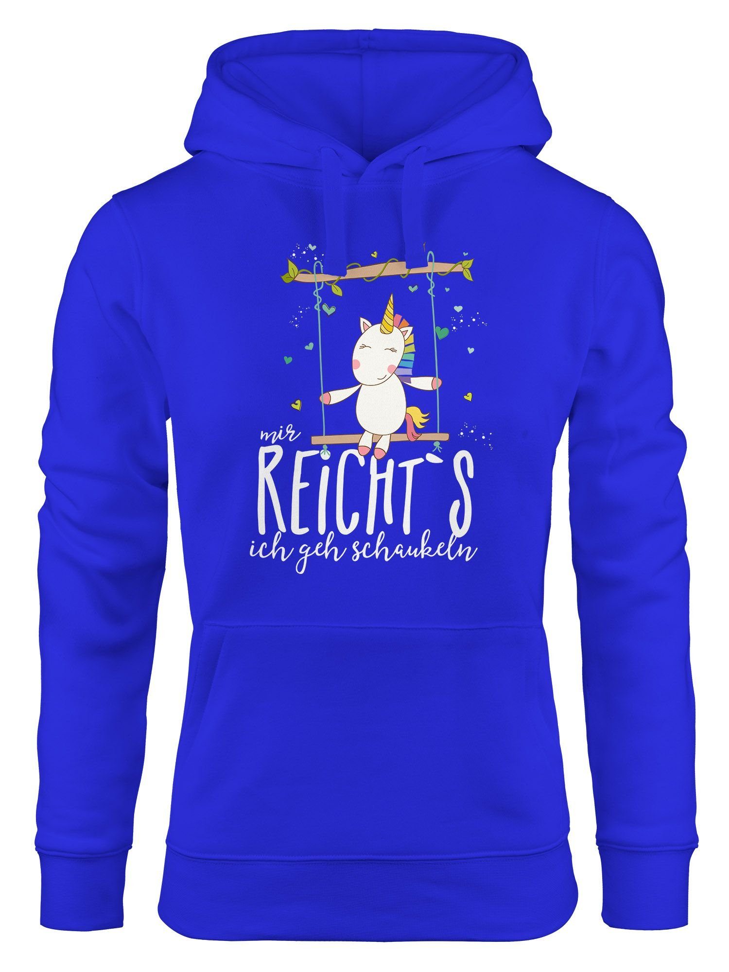 MoonWorks Hoodie Damen Kapuzen-Pullover Hoodie Einhorn auf Schaukel Mir reicht`s ich geh schaukeln Spruch Moonworks® blau