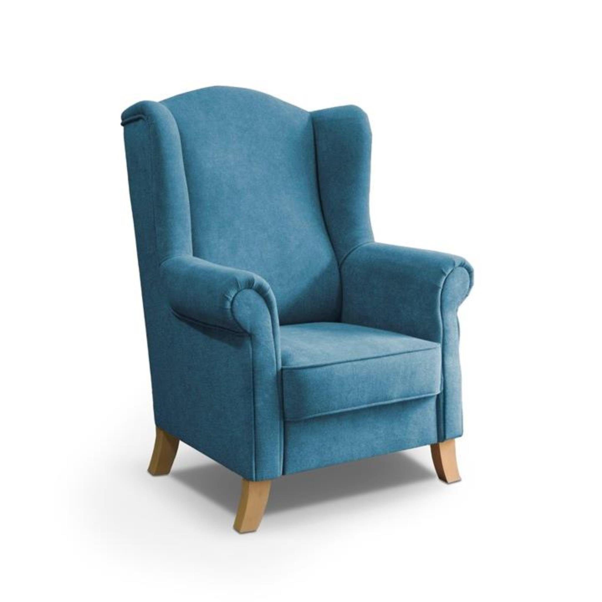 (aston Wellenfedern), skandinavisches Wohnzimmer Holzbeine, Ohrensessel Sessel aus Blau Velours, 12) Beautysofa (mit im Stil, Leonardo Polstersessel