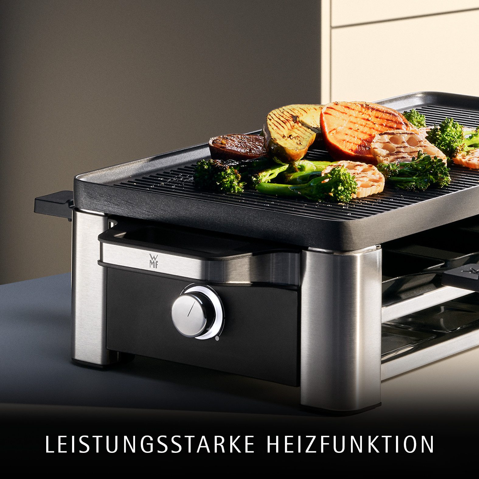 WMF Raclette LONO, inkl. Parkebene für unbenutze Pfännchen, 8 Raclettepfännchen, 1500 W, Spülmaschinengeeignete Pfannen und Spatel, antihaftbeschichtete Platte