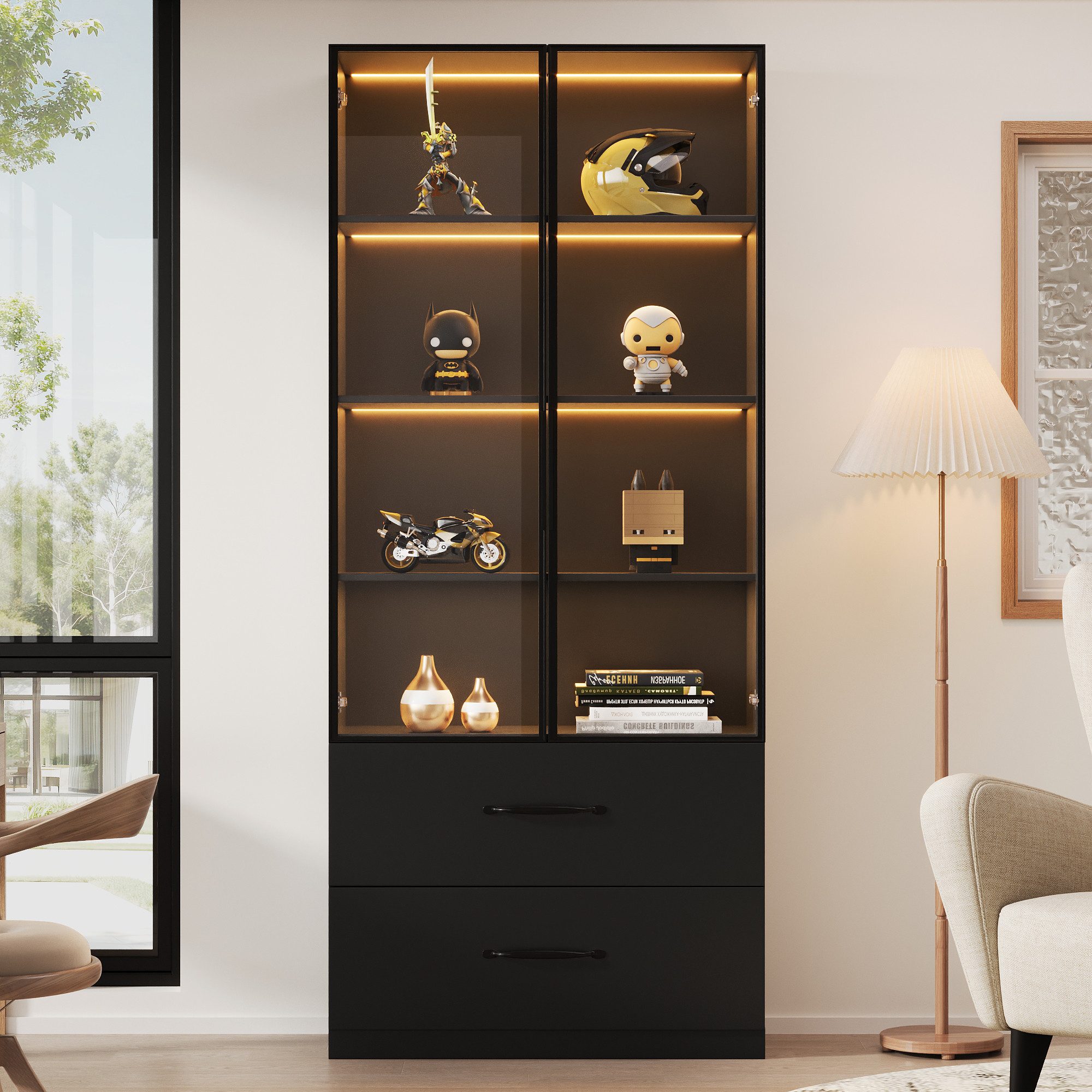 Flieks Vitrine Glasvitrine mit LED-Beleuchtung, glastüren und Schubladen (Maße: B60/T40/H160 cm, 1-St., Schrank für Wohnzimmer, Schlafzimmer, Arbeitszimmer und Büro) Hochschrank Bücherregal Standvitrine Mehrzweckschrank Schwarz