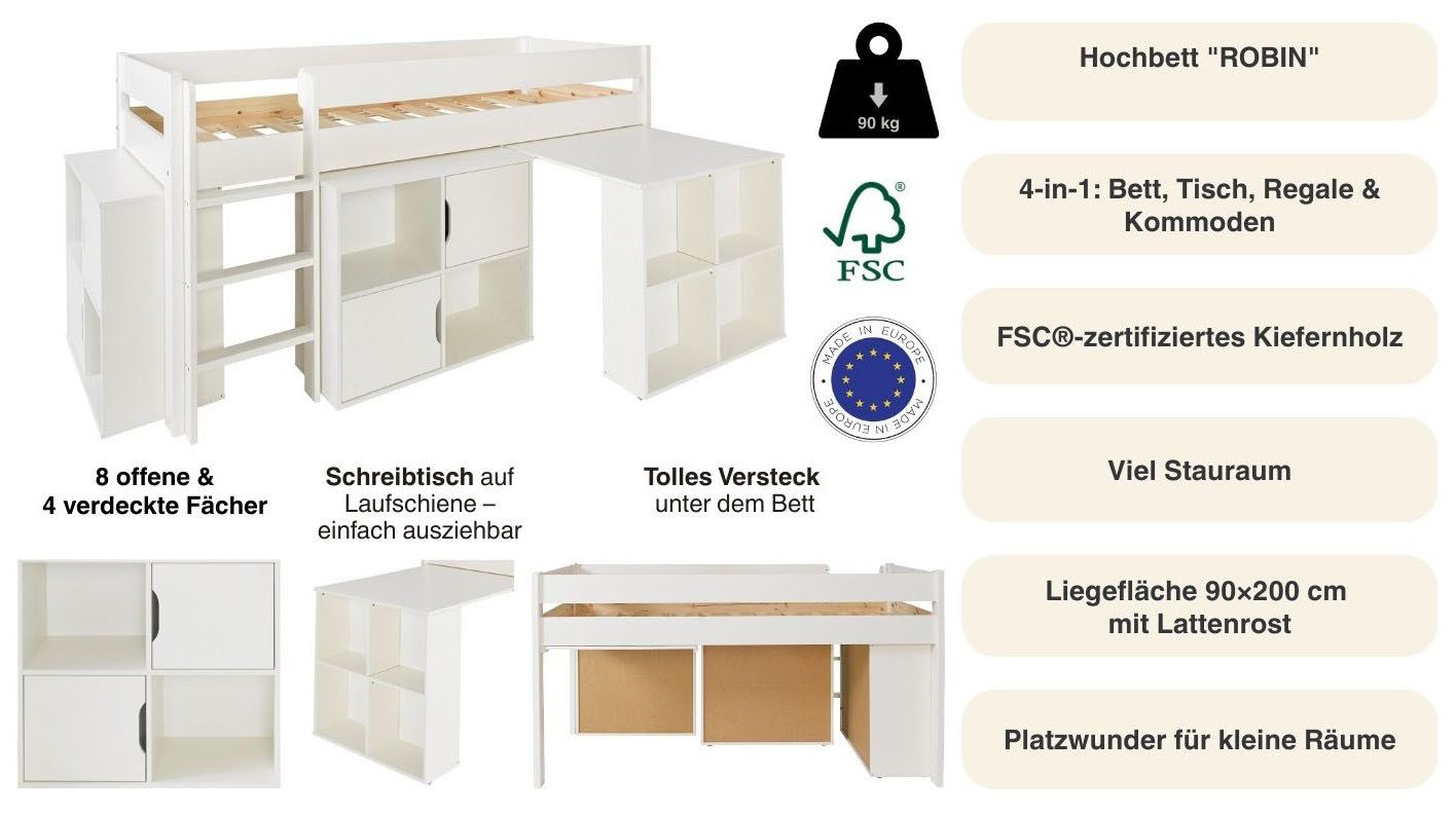 OTTO home Hochbett "ROBIN " Massivholz, viel Stauraum, seitenverkehrt montierbar (4-tlg), inklusive Schreibtisch und zwei Kommoden